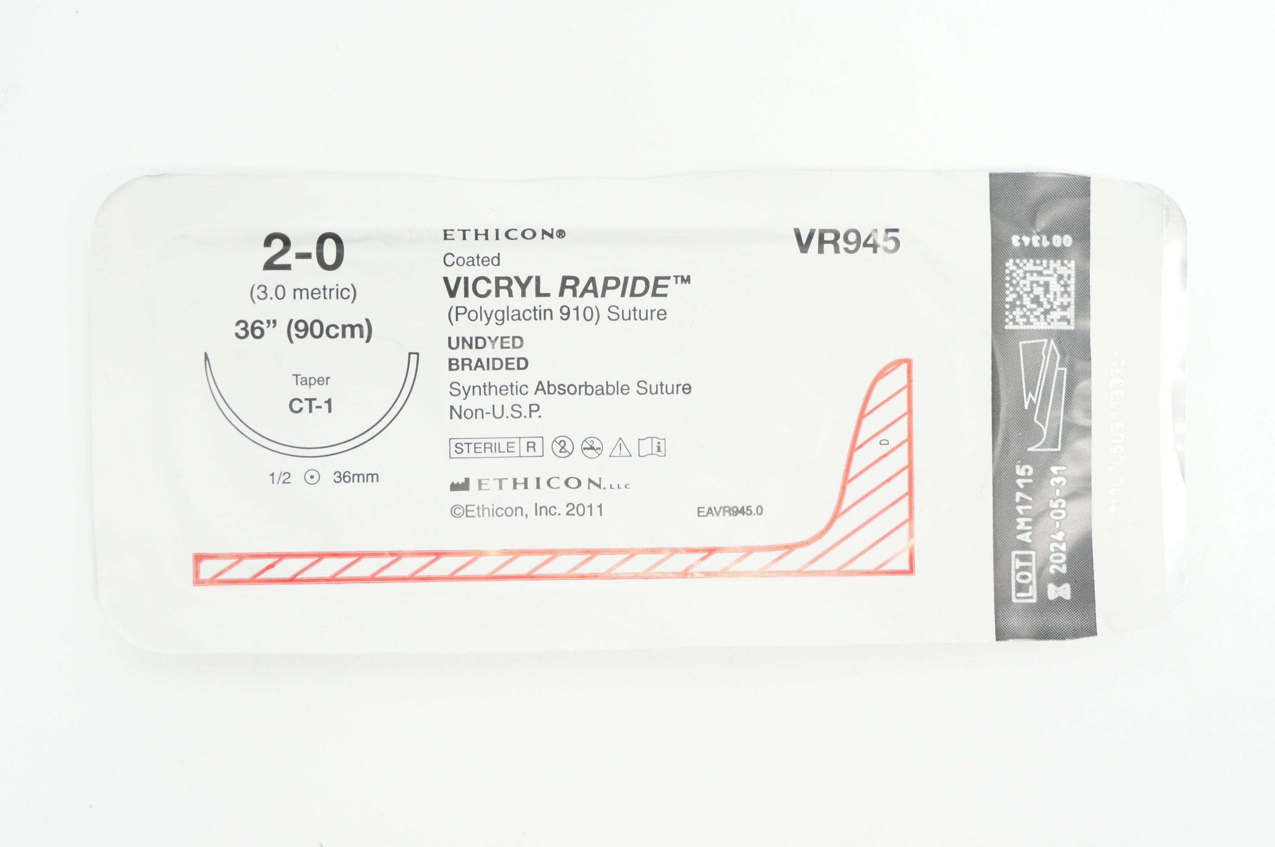 Ethicon VR945 2-0 VICRYL RAPIDE CT-1 36mm 1/2c Taper, 36inch
