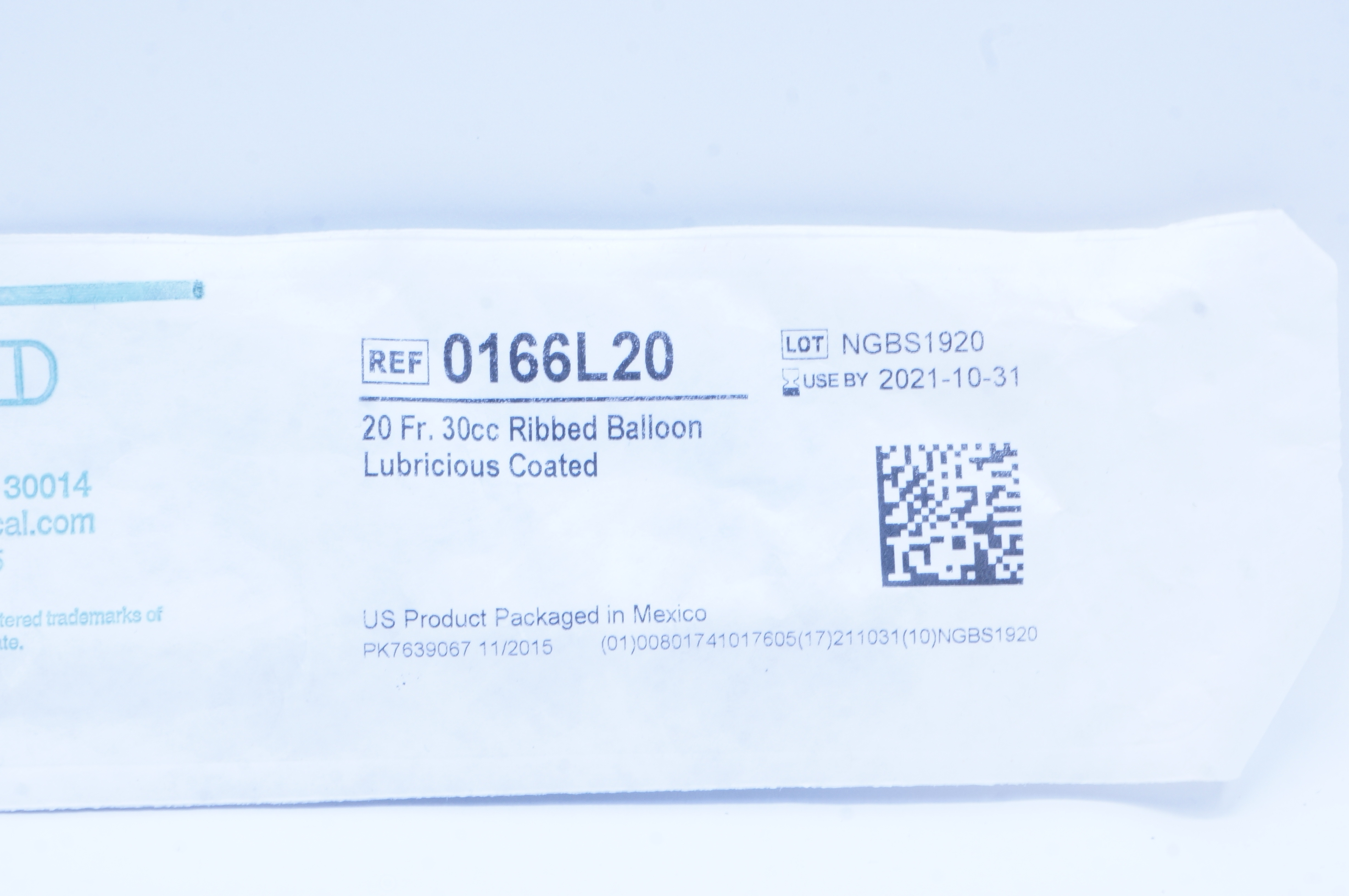 Bard 0166L20 Bardex Foley Cath. 20Fr x 30cc Ribbed Balloon