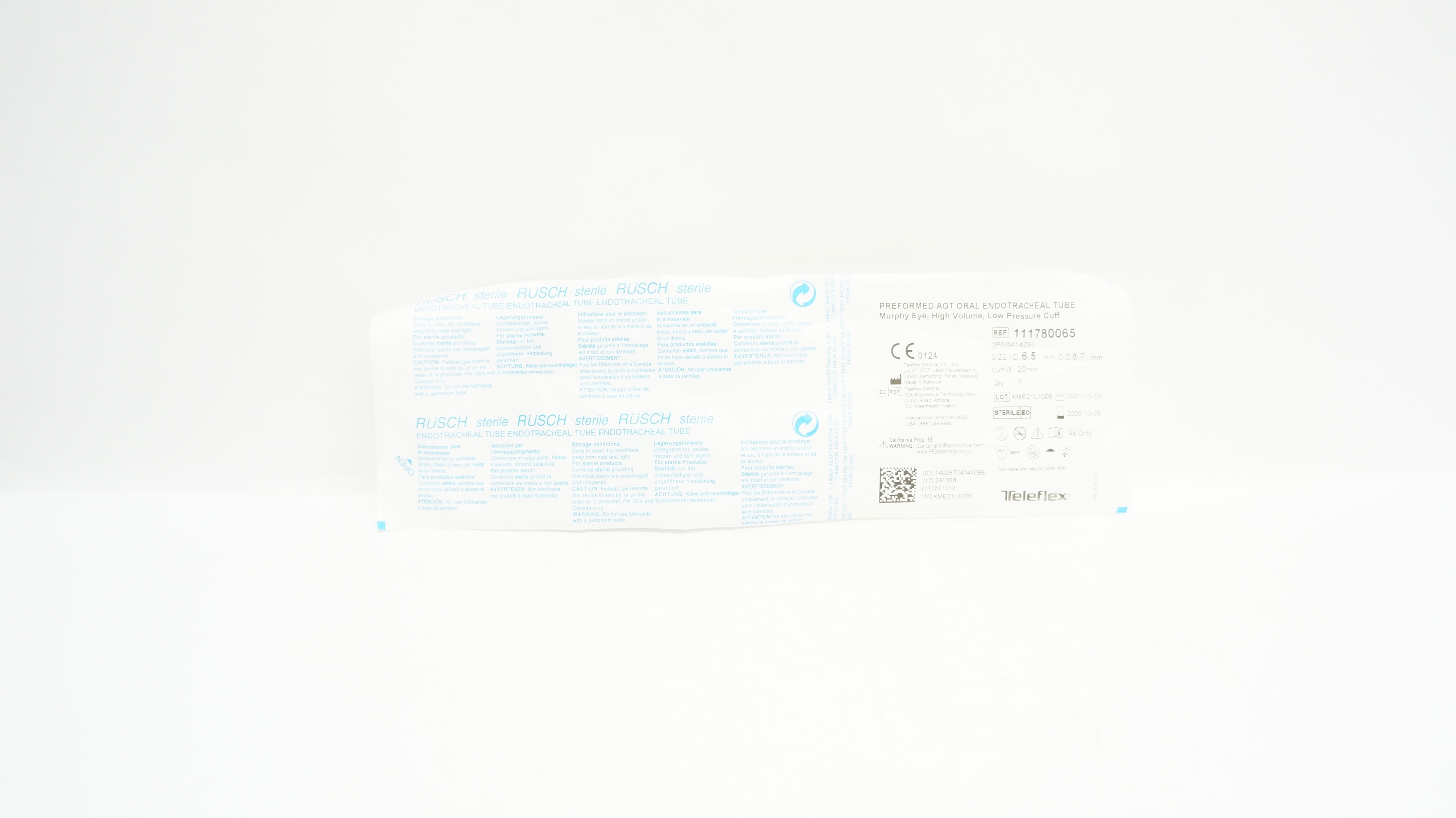 Teleflex 111780065 Rusch Oral Endotracheal Tube 6.5 x 8.7 x 20.0mm