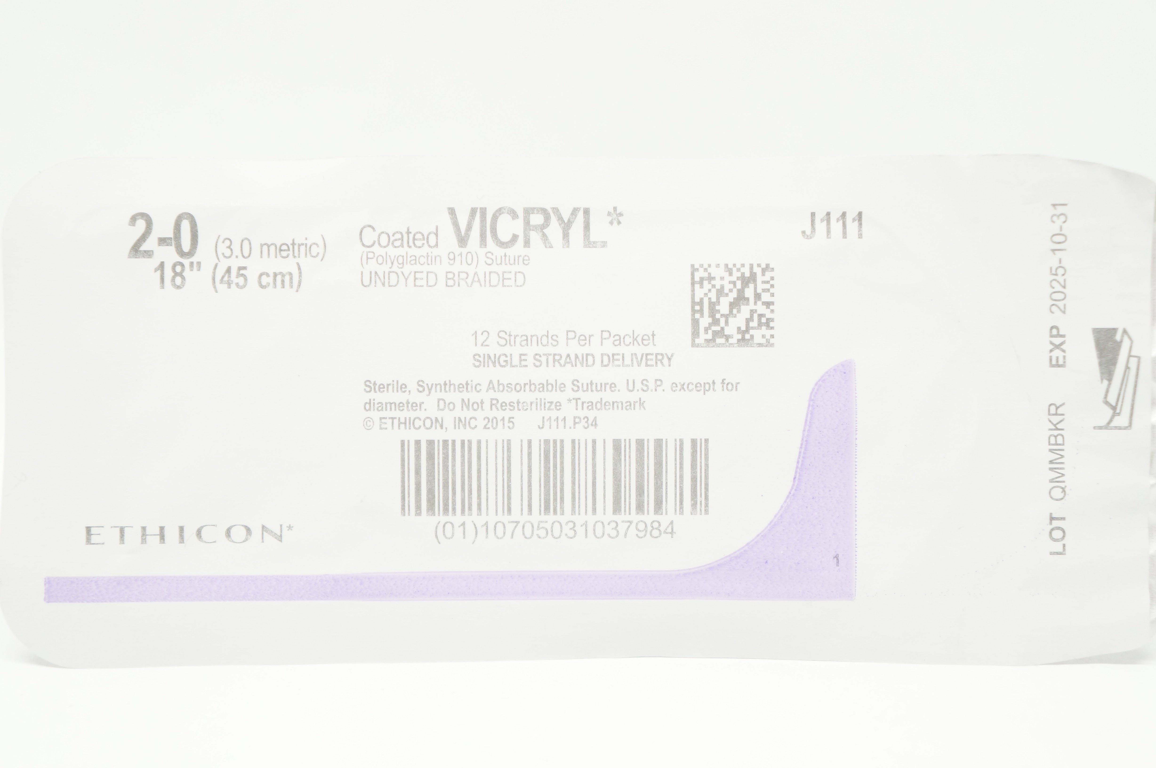 Ethicon J111 2-0 Coated VICRYL, Undyed Braided, 18 inch