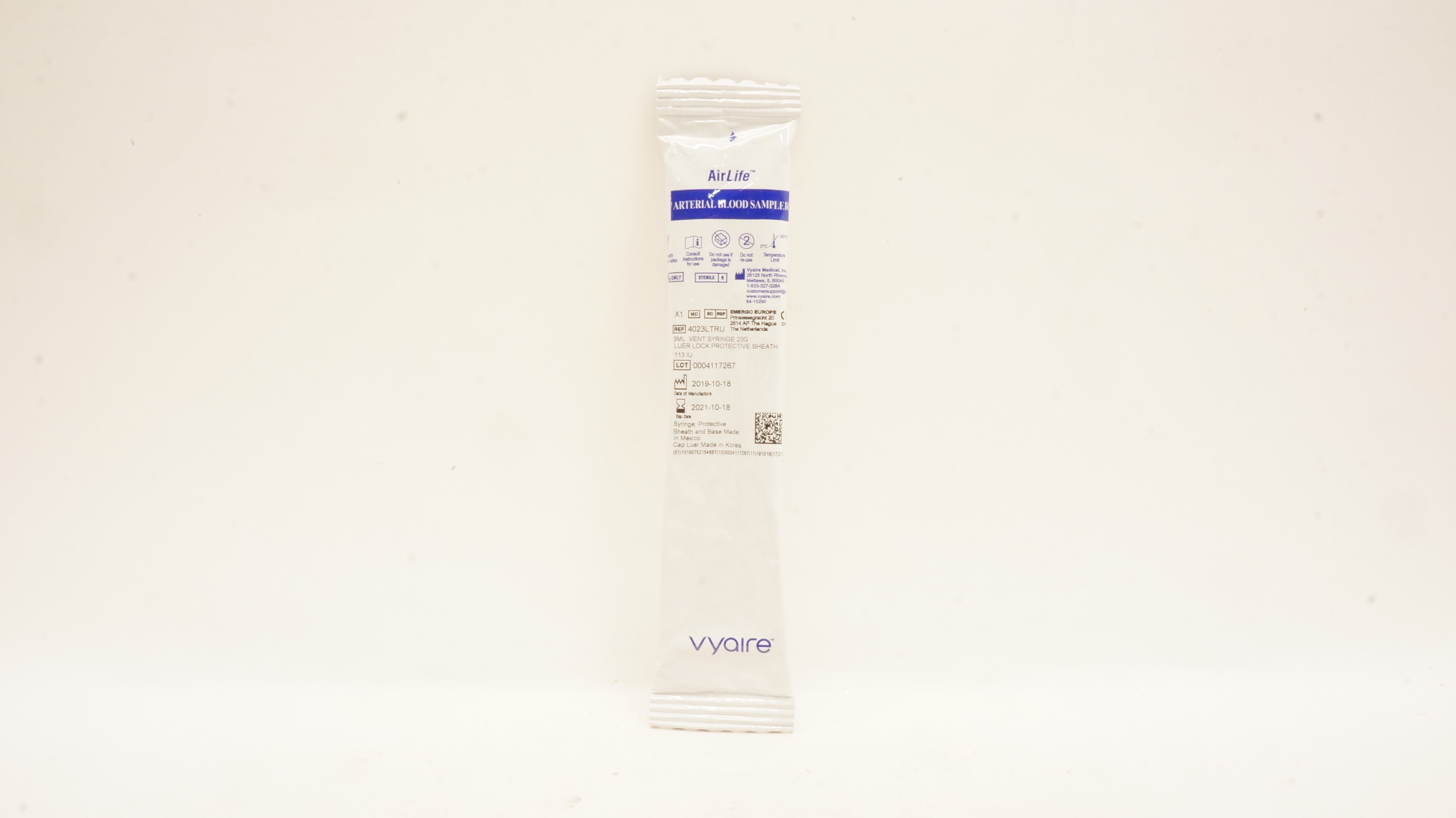 Vyaire 4023LTRU 3ml Vent Syringe 23G Luer Lock Protective Sheath