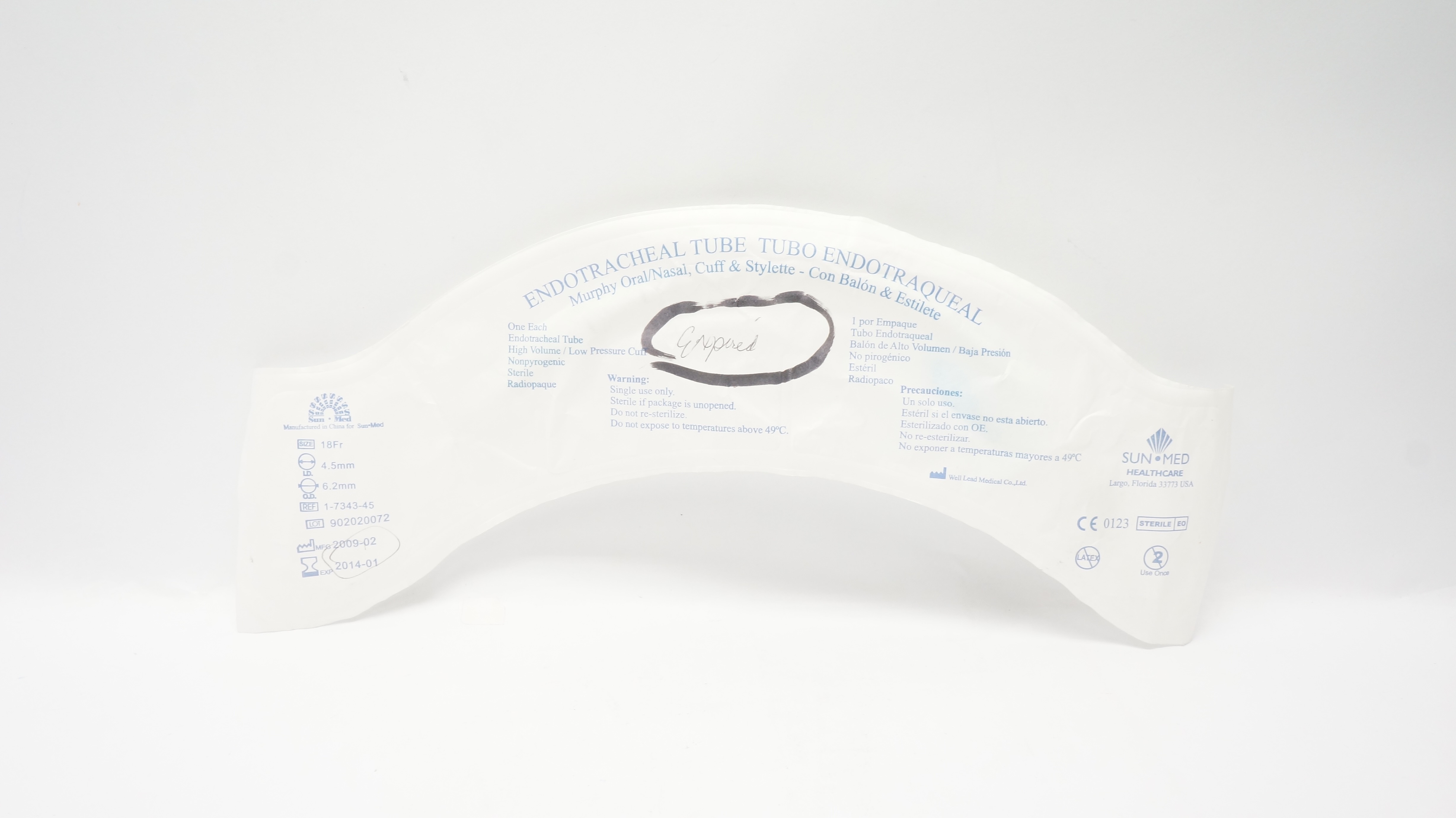 Sun Med Healthcare 1-7343-45  Endotracheal Tube 18Fr x 4.5mm x 6.2mm (x)