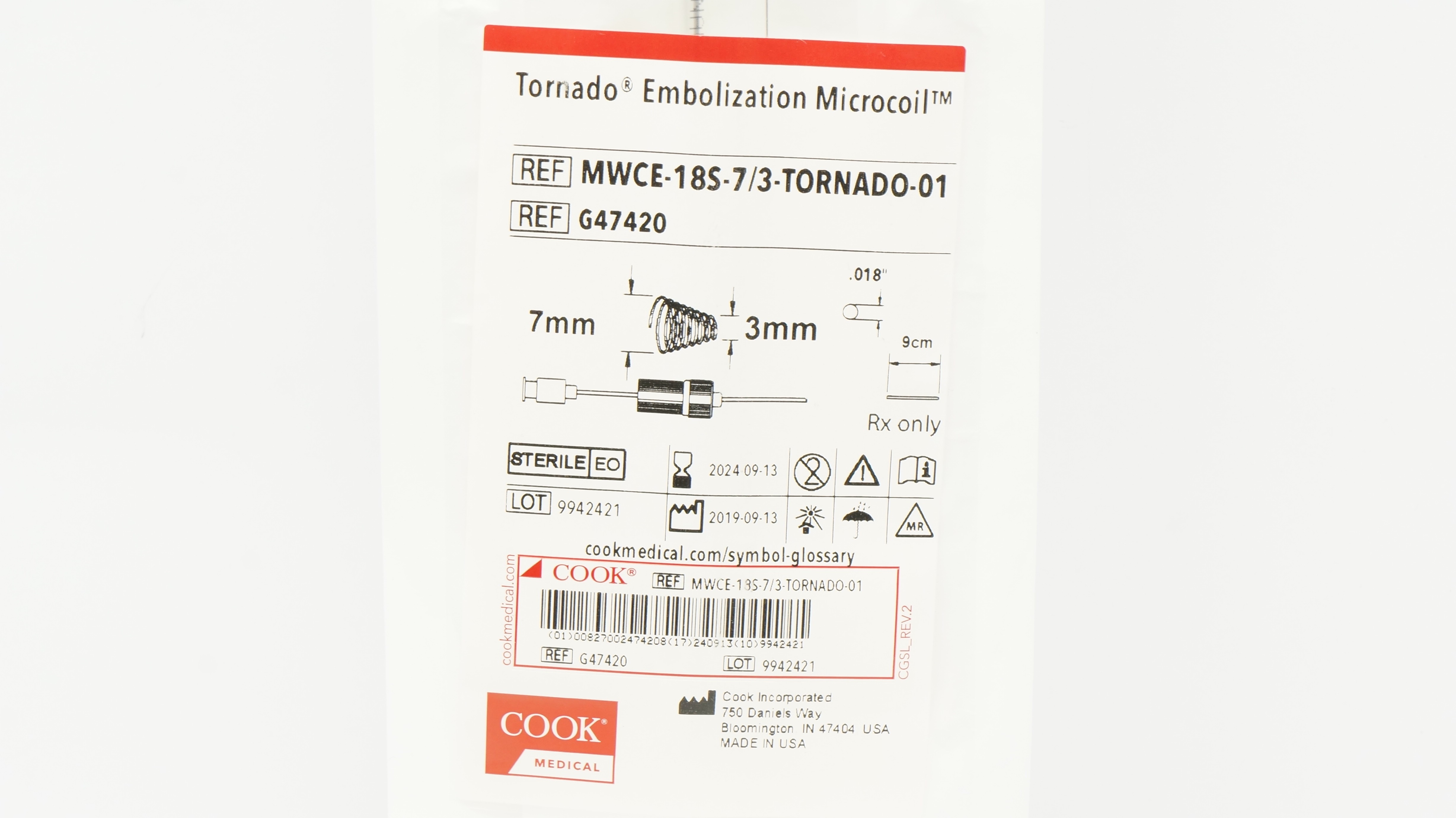 Cook Medical G47420 Tornado Embolization Microcoil 7mm x 3mm x 9cm x .018inch(x)