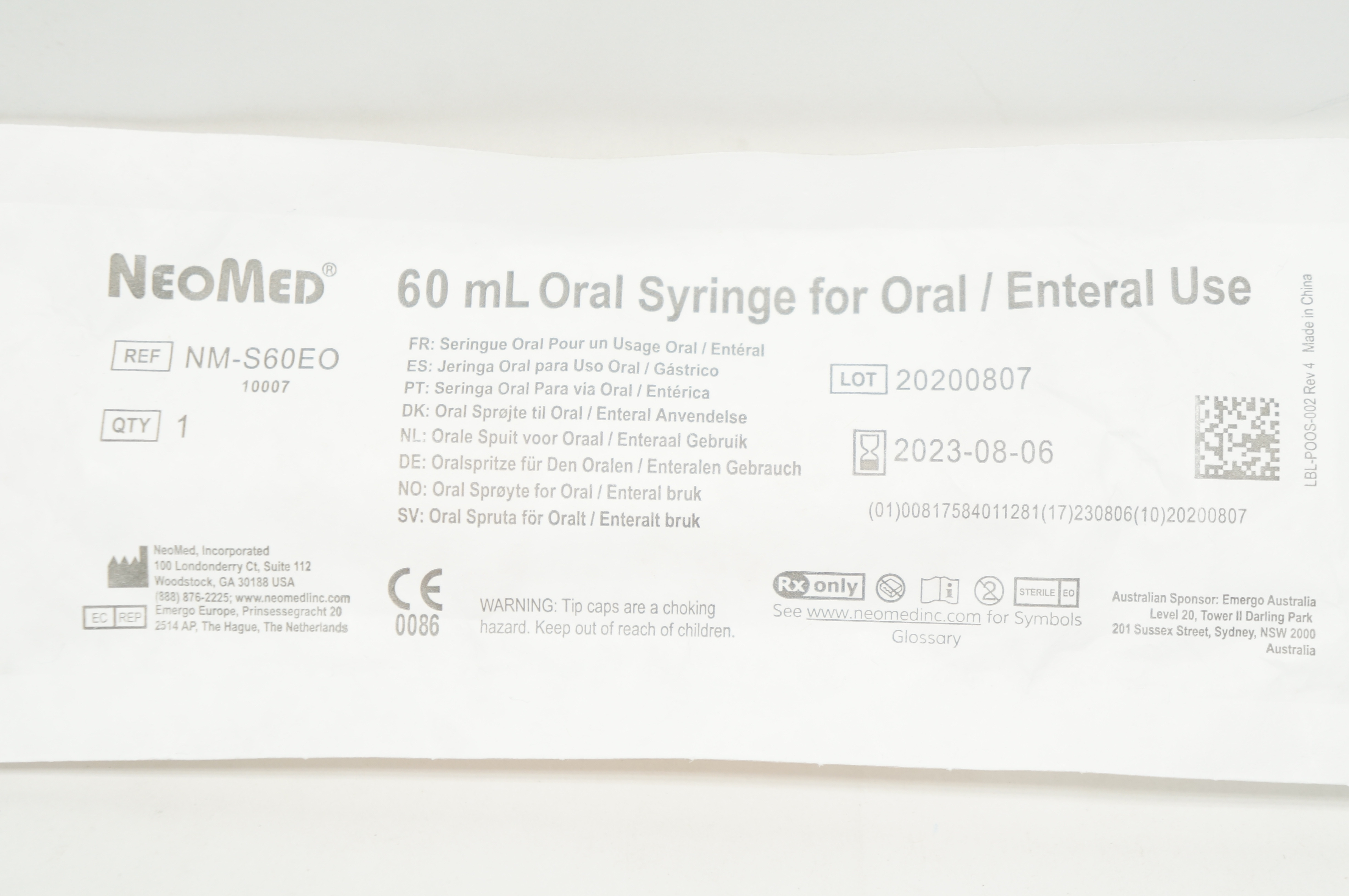 NeoMed NM-S60EO Oral Syringe For Oral/Enteral Use 60mL