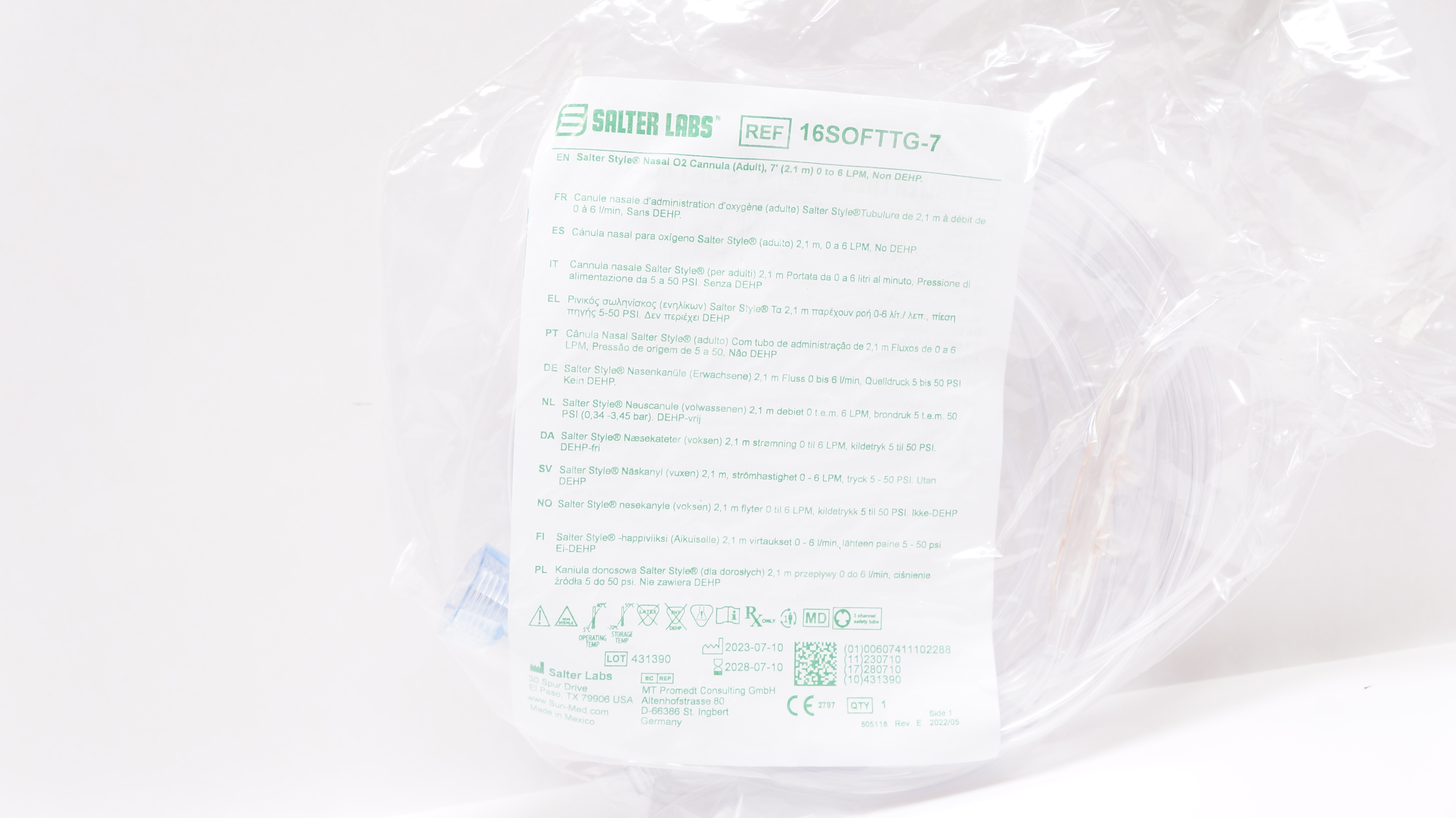 Salter Labs 16SOFTTG-7 Nasal O2 Cannula Adult 7ft. 0 to 6 LPM Non-DEHP