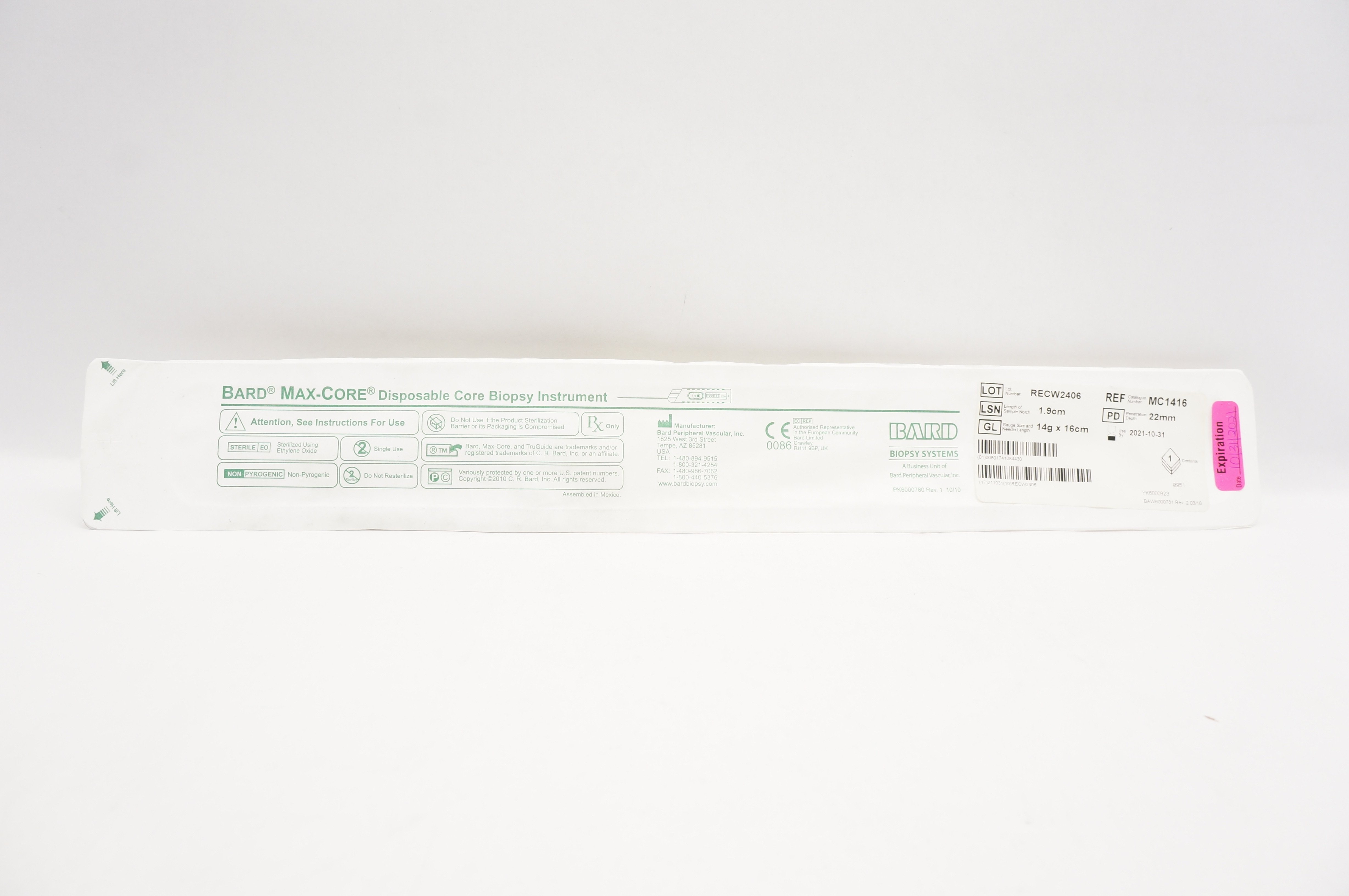 Bard MC1416 MAX-CORE Disposable Core Biopsy Instrument 14G x 16cm (x)