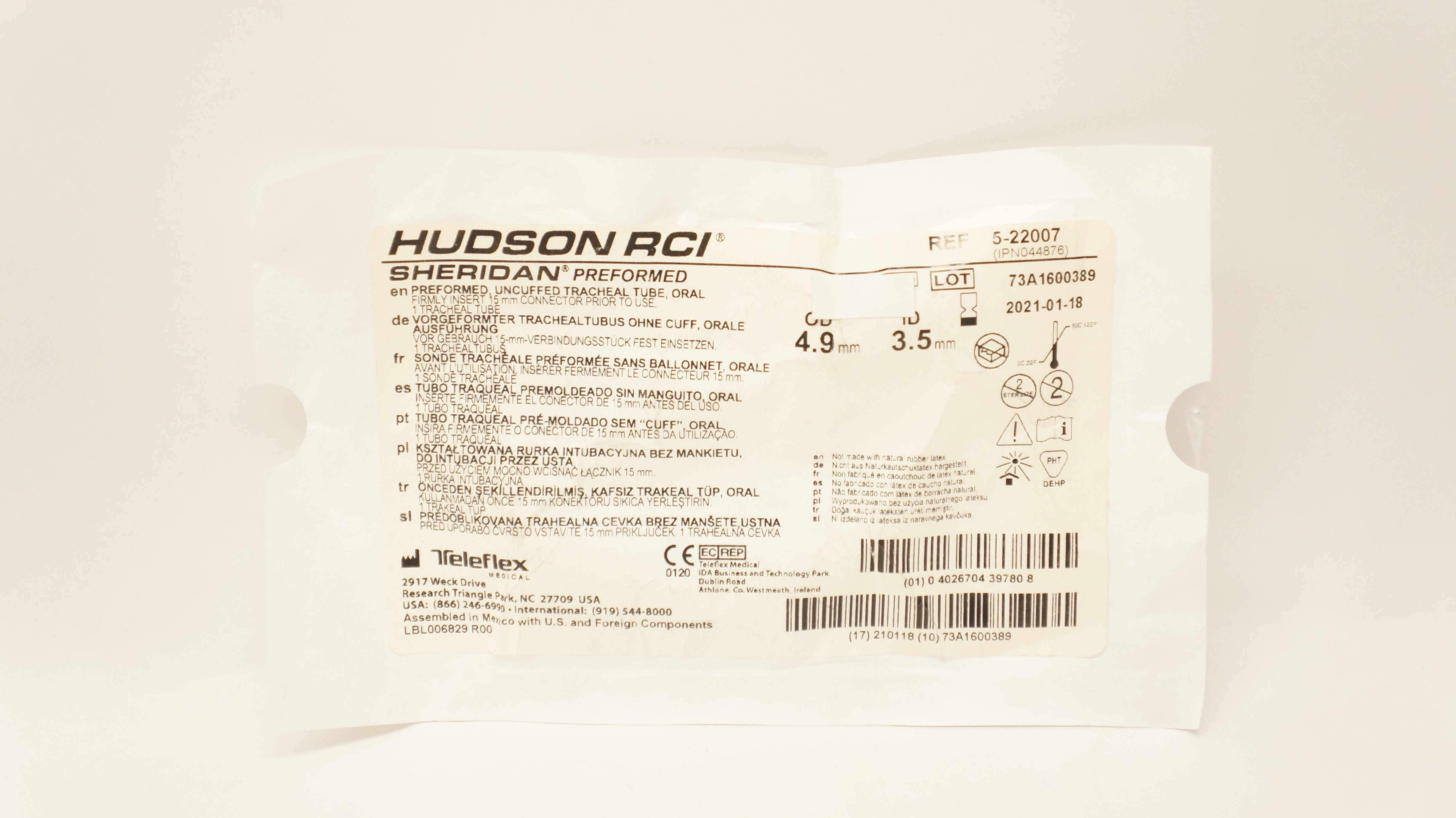 Teleflex 5-22007 Hudson RCI Sheridan Preformed Tracheal Tube 3.5ID x 4.9mmOD (x)