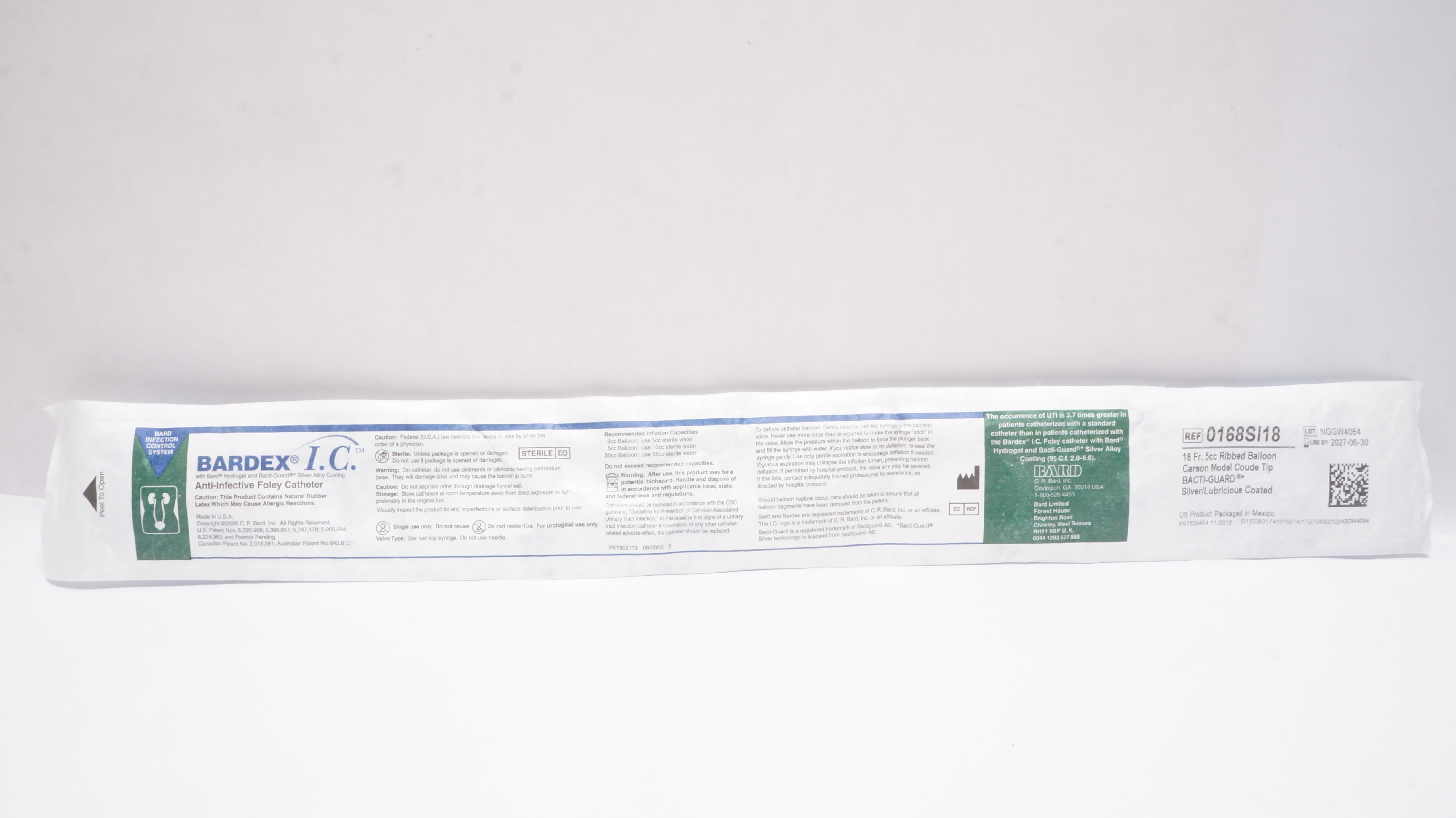 Bard 0168SI18 Anti-Infective Foley Cath. 18Fr 5cc Ribbed Balloon Carson Model