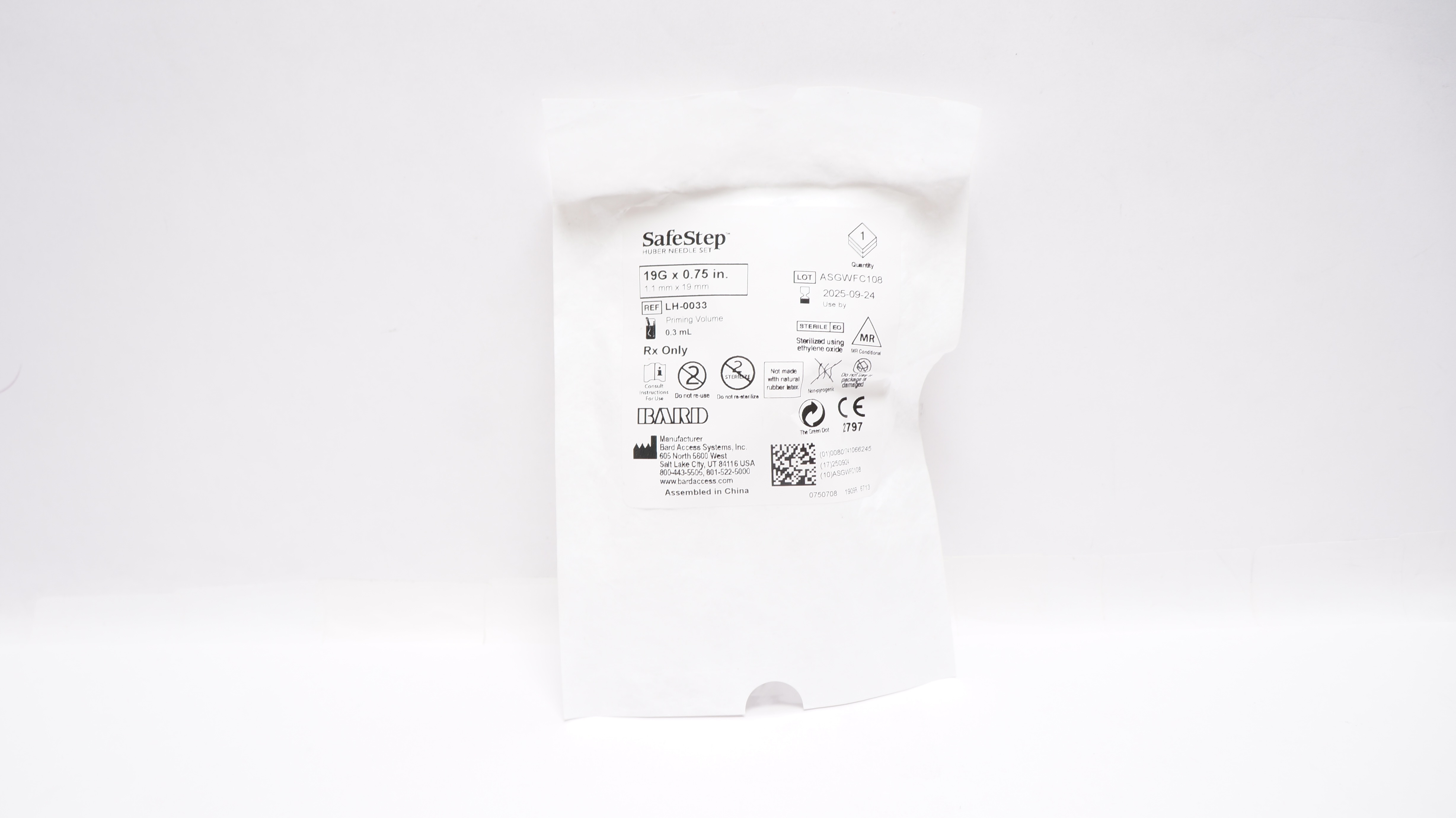 Bard LH-0033 SafeStep Huber Ndle Set 19G x 0.75 inch, Priming Volume 0.3mL