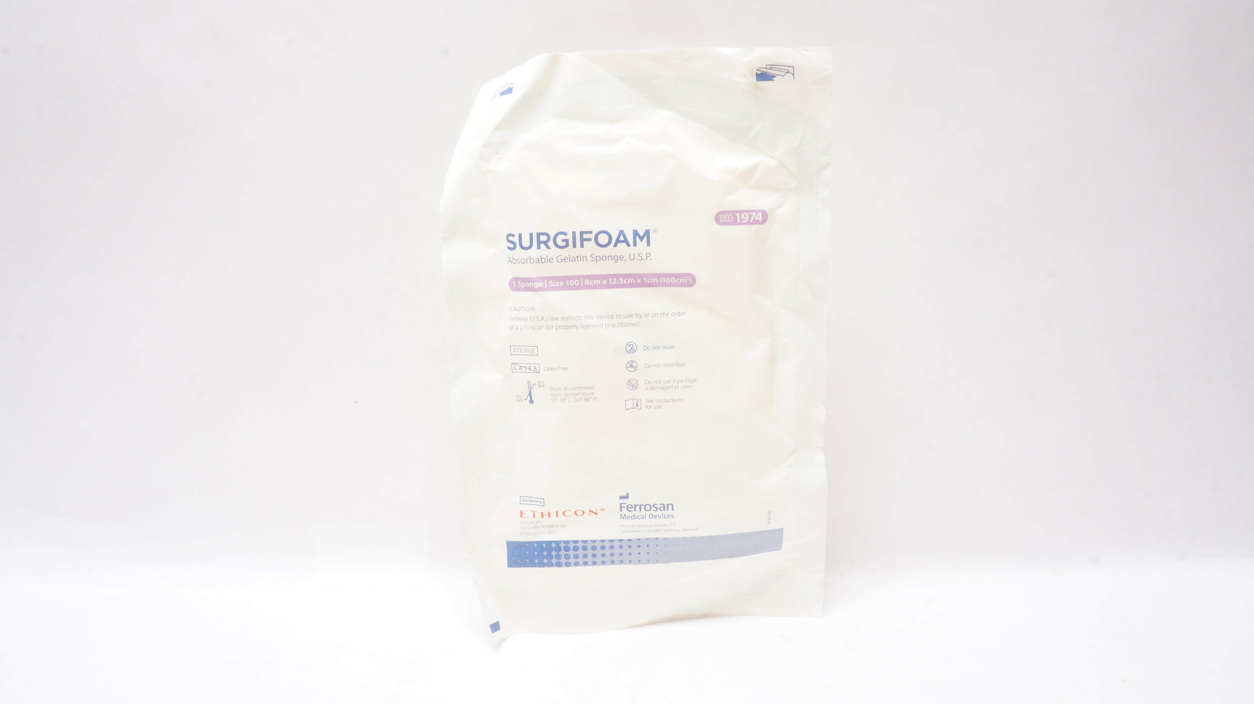 Ethicon 1974 SURGIFOAM Absorbable Gelatin Sponge Size 100 8cm x 12.5cm x 1cm