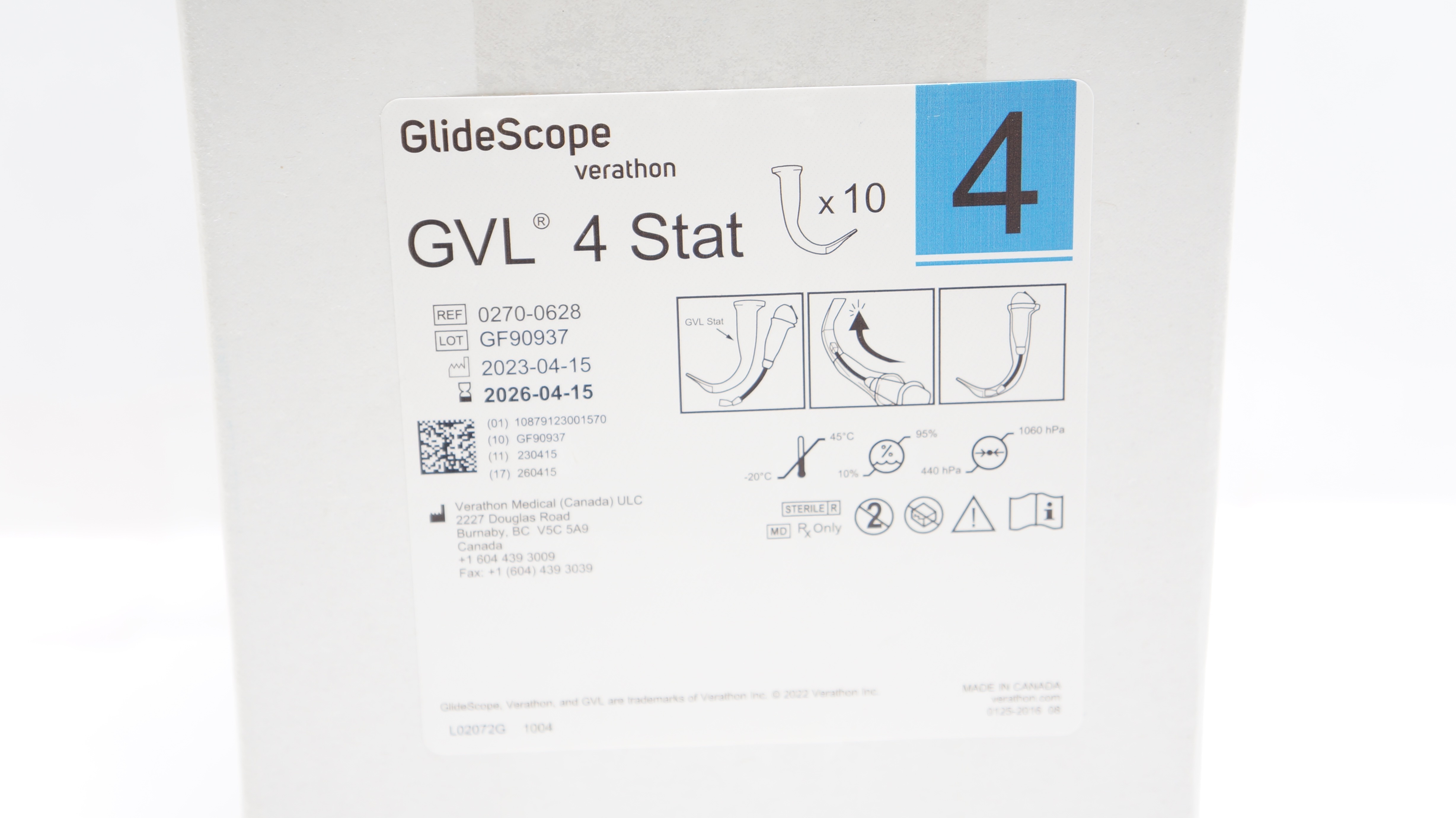 Verathon 0270-0628 GlideScope GVL 4 Stat VideoLaryngoscope - Box of 10