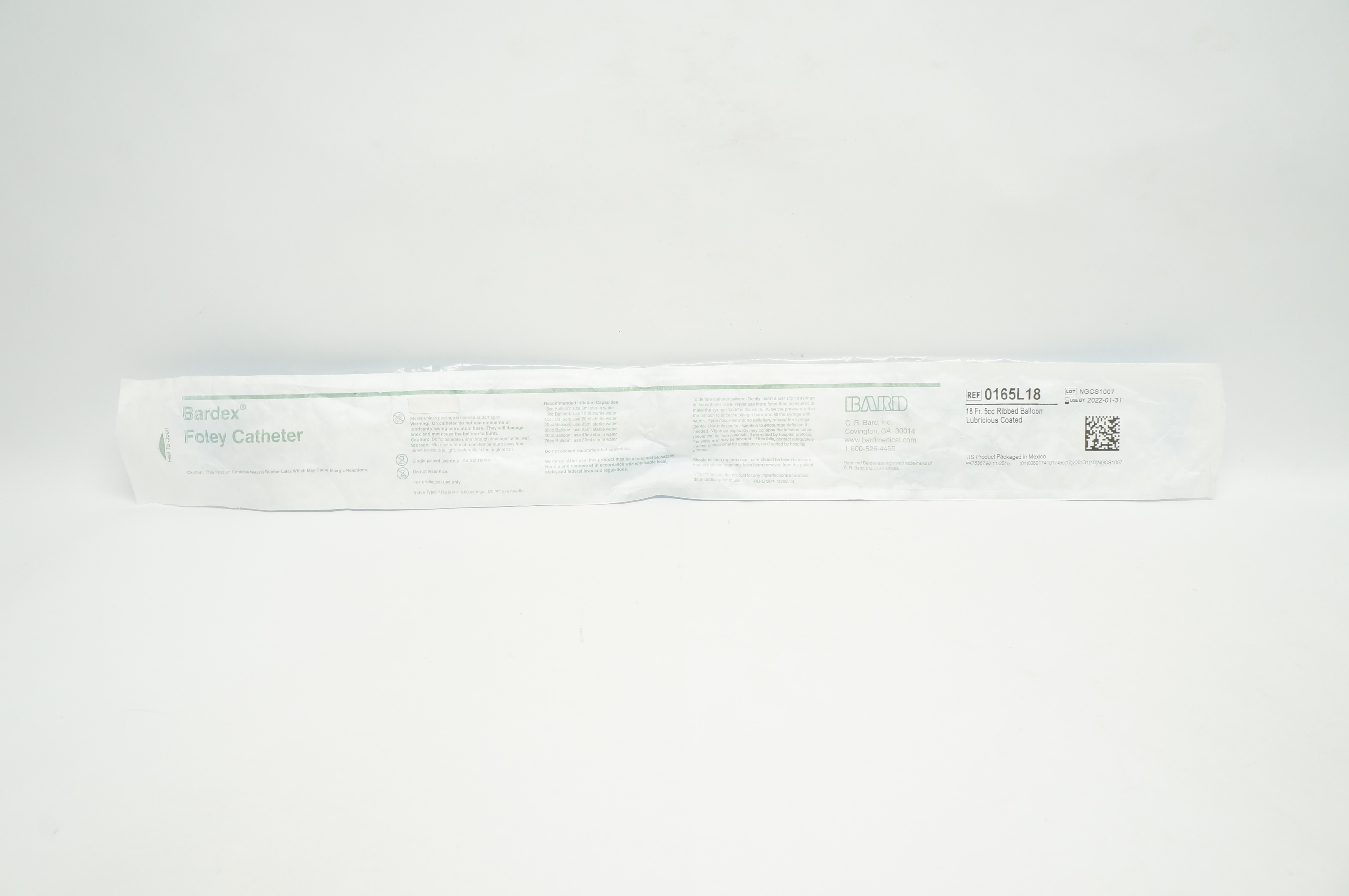 Bard 0165L18 Foley Cath. 18 Fr. 5cc Ribbed Balloon Lubricious Coated