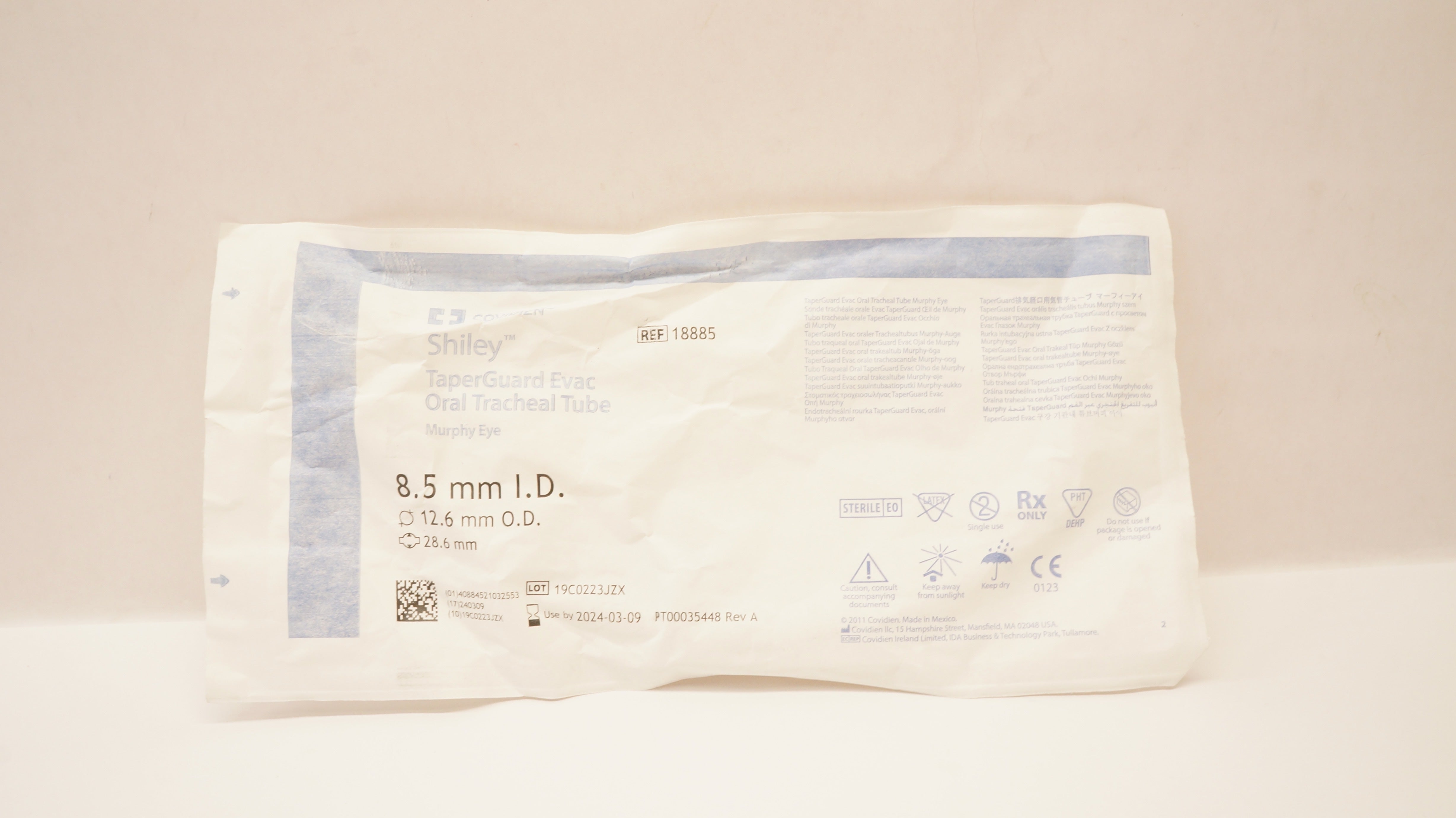 Covidien 18885 Shiley TaperGuard Evac Oral Tracheal Tube 8.5ID x 12.6OD x 28.6mm