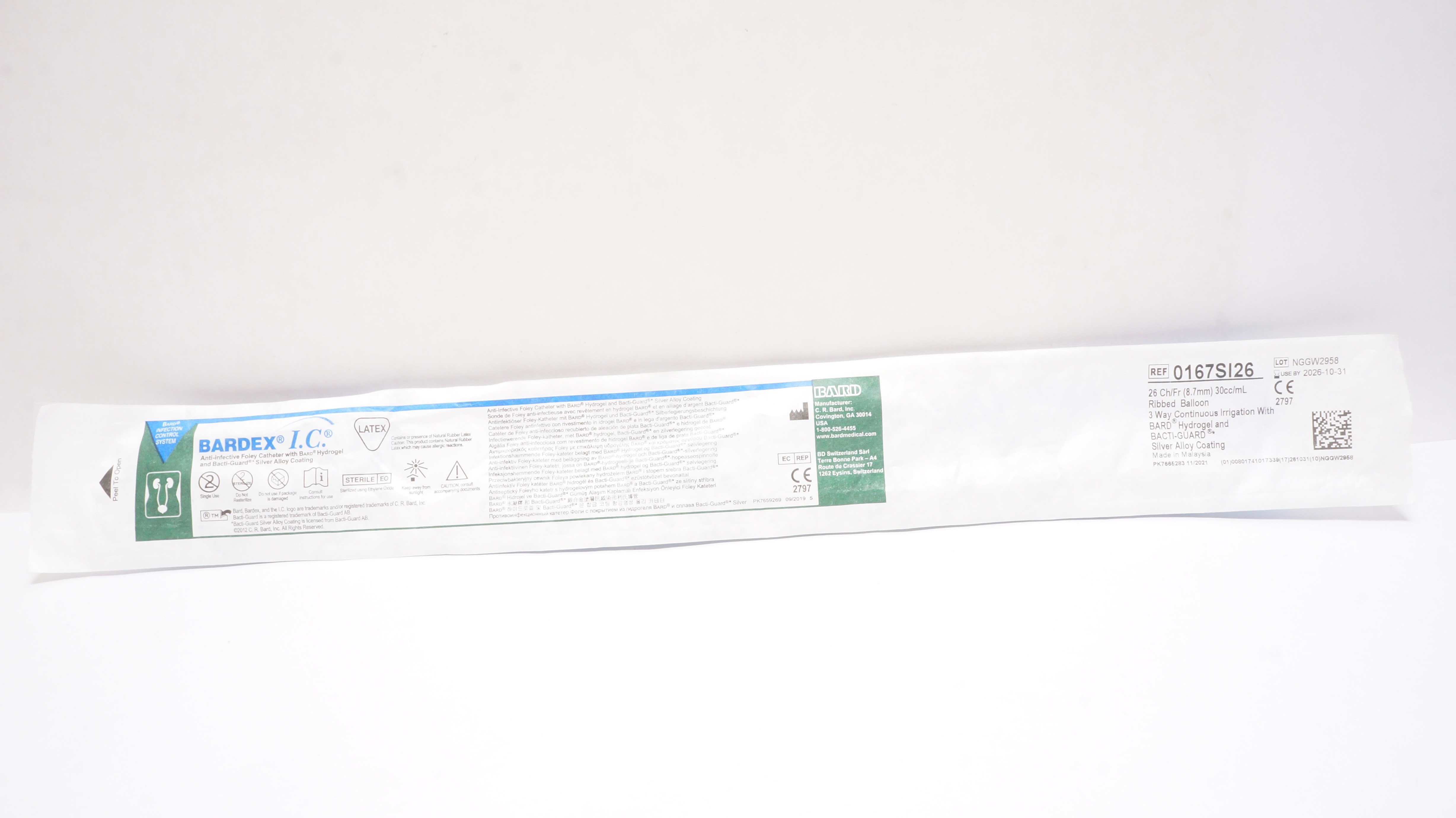 Bard 0167SI26 Bardex IC Anti-Infective Foley Cath.26Ch/Fr 30cc/mL Ribbed Balloon