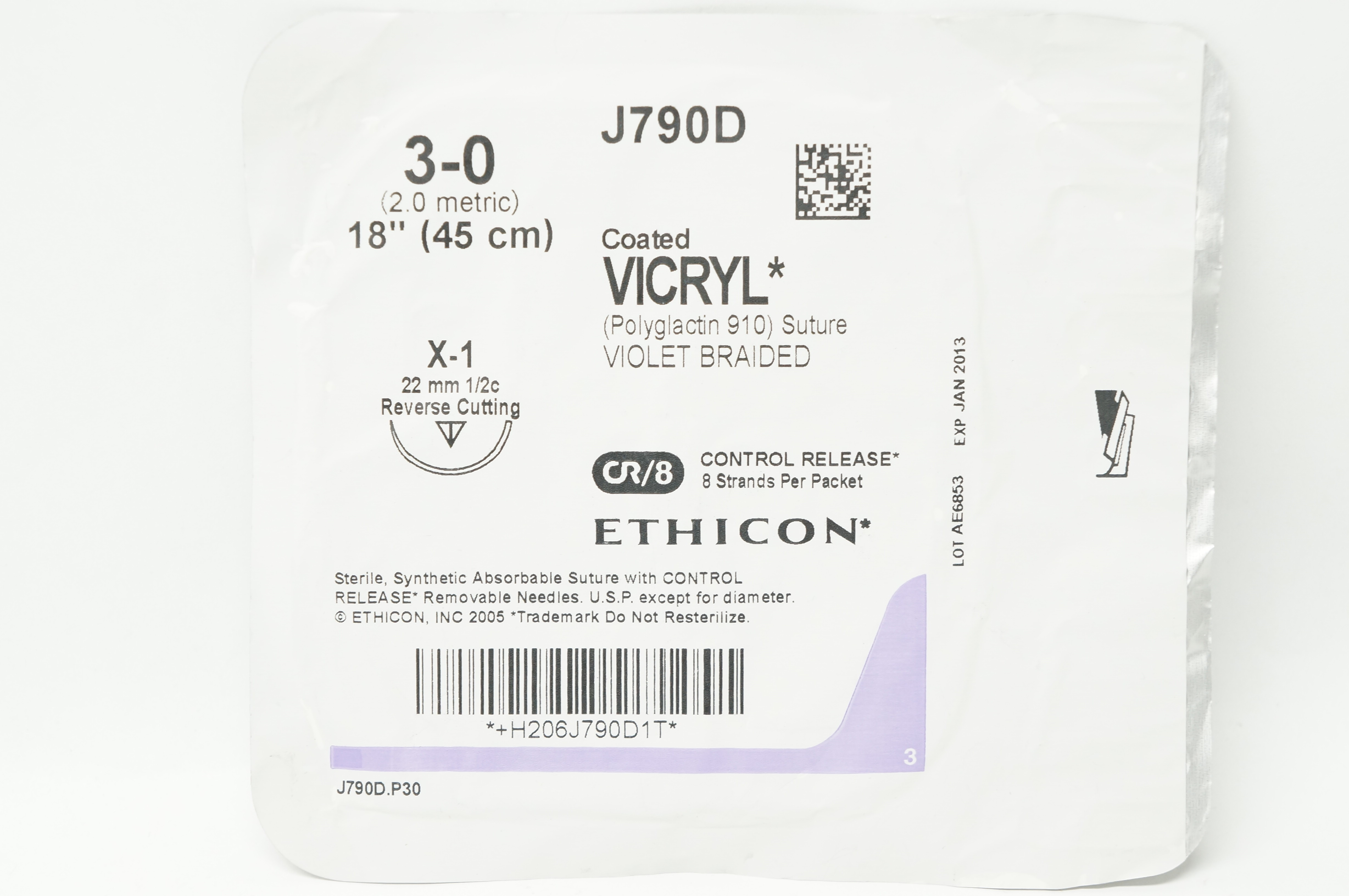 Ethicon J790D 3-0 Coated VICRYL X-1 22mm 1/2c Reverse Cutting, 18inch (x)