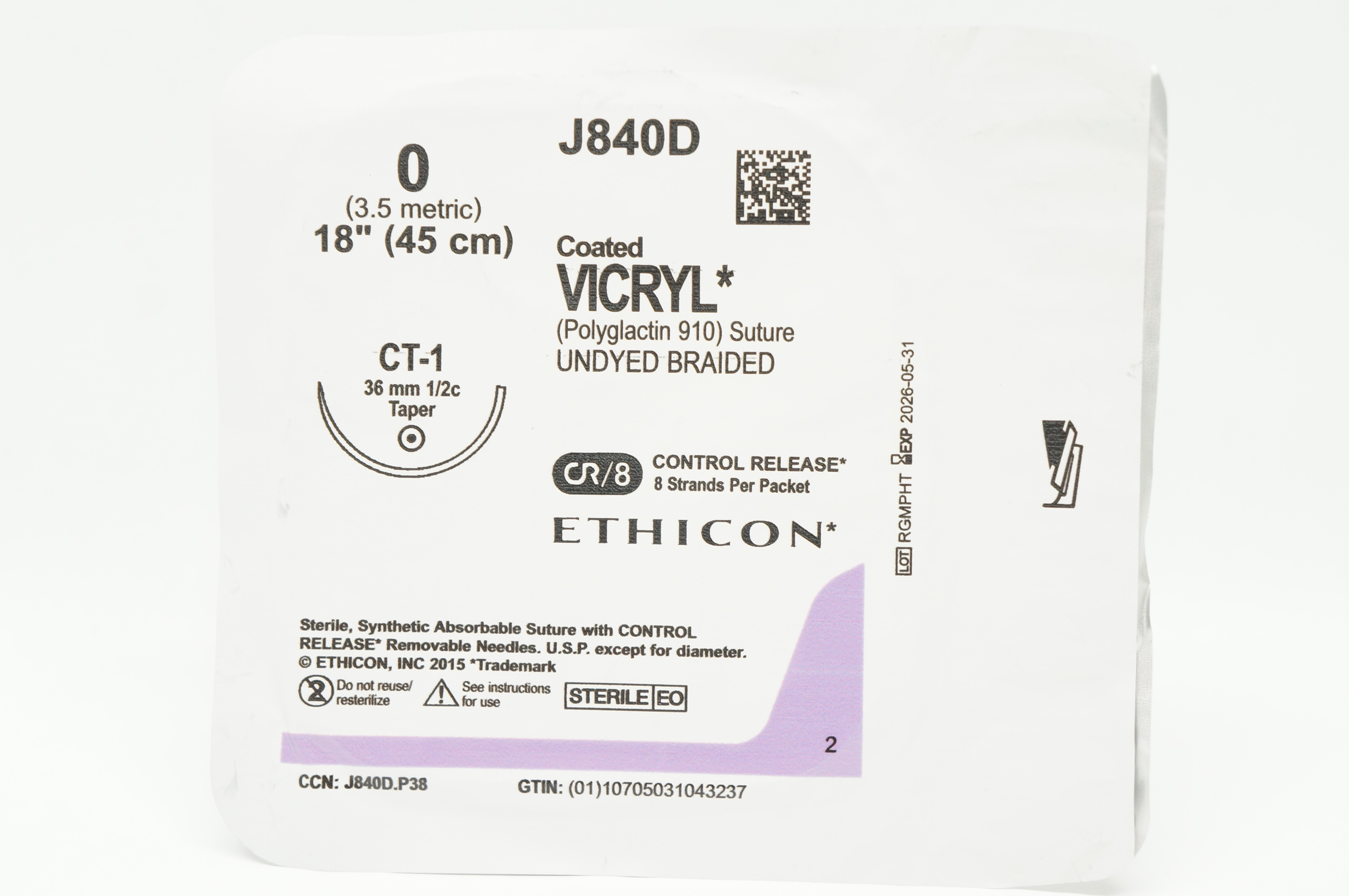 Ethicon J840D 0 Coated VICRYL Stre CT-1 36mm 1/2c Taper 18inch