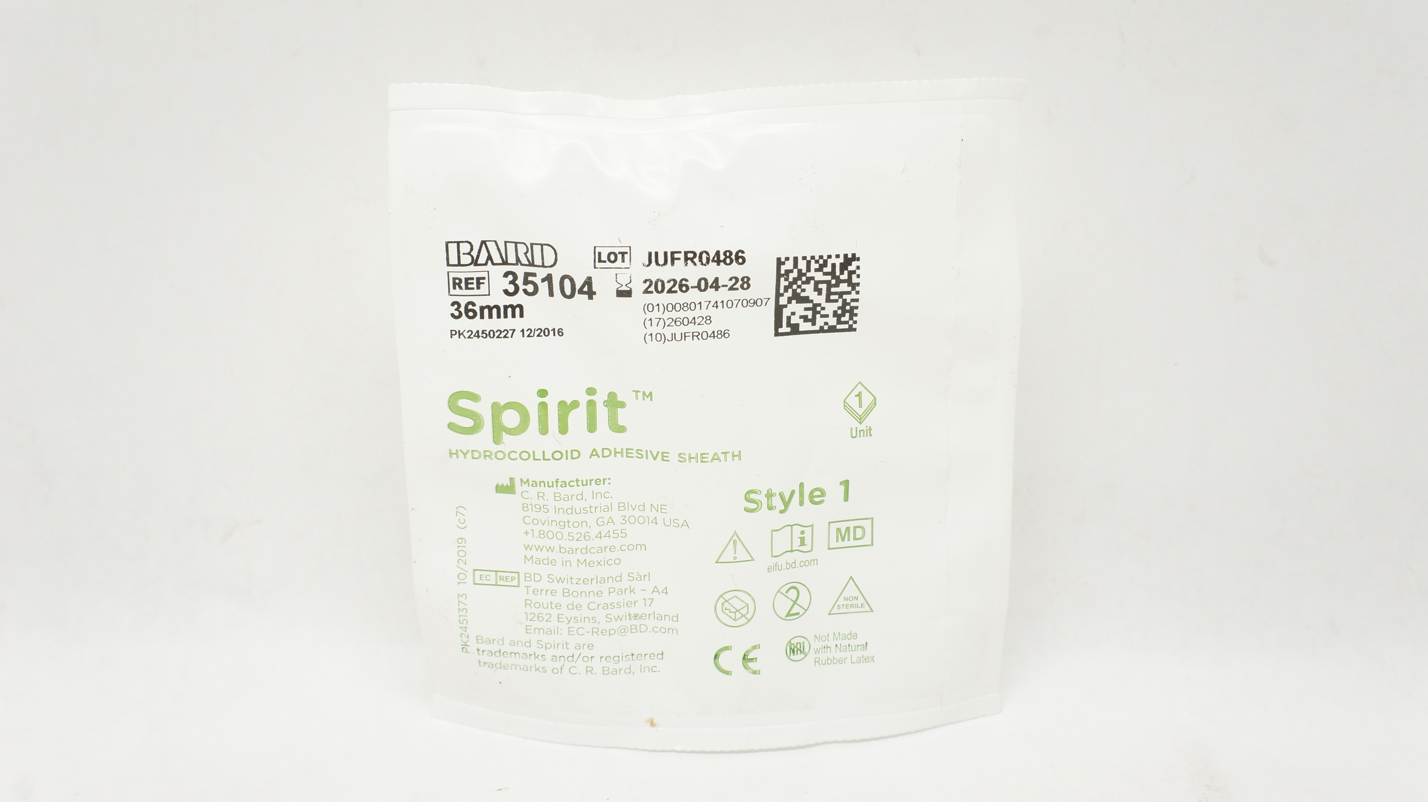 Bard 35104 Spirit Hydrocolloid Adhesive Sheath Style 1 36mm