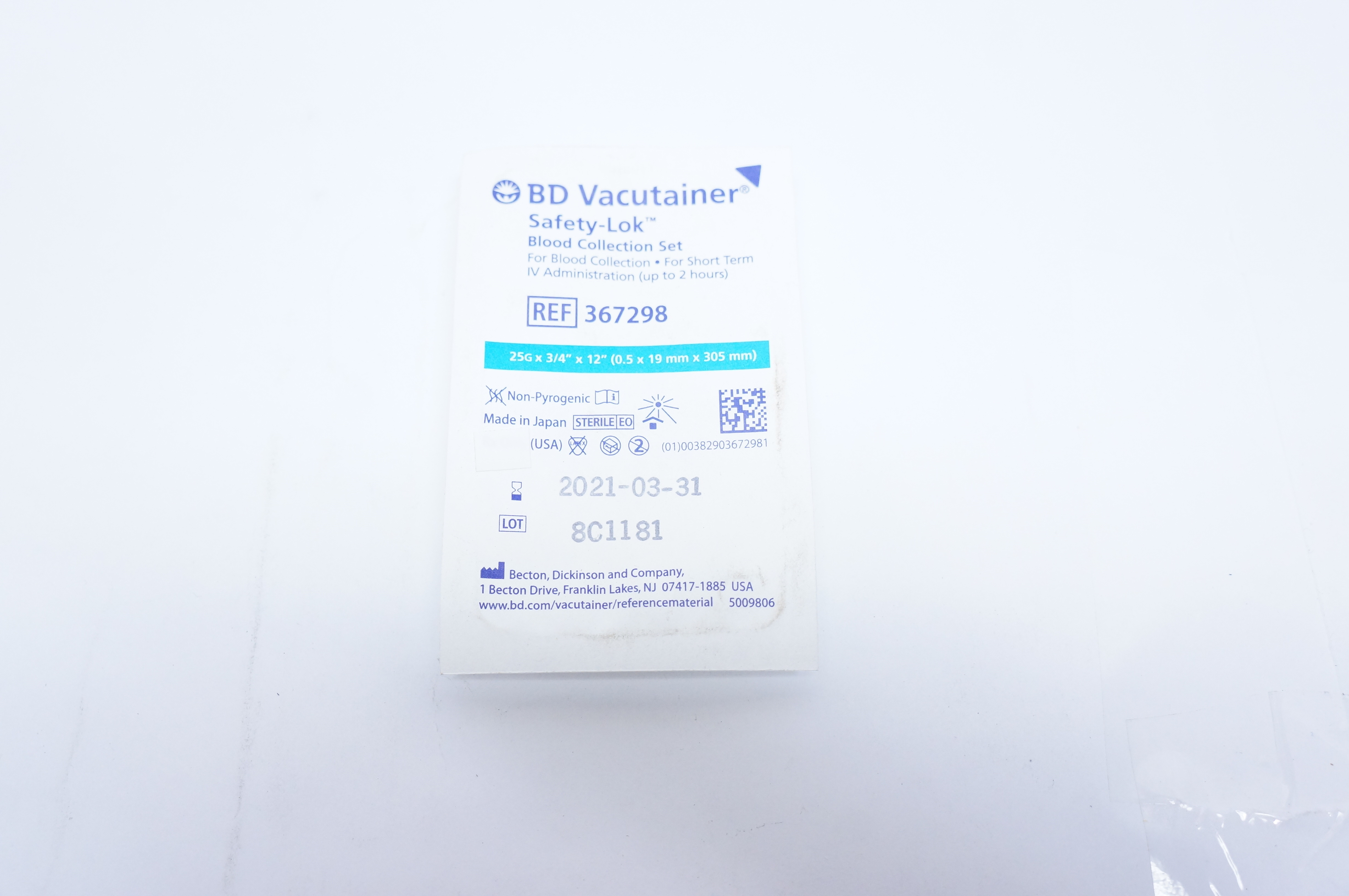 BD 367298 Vacutainer Safety-Lok Blood Collection Set 25G x 3/4inch x 12inch