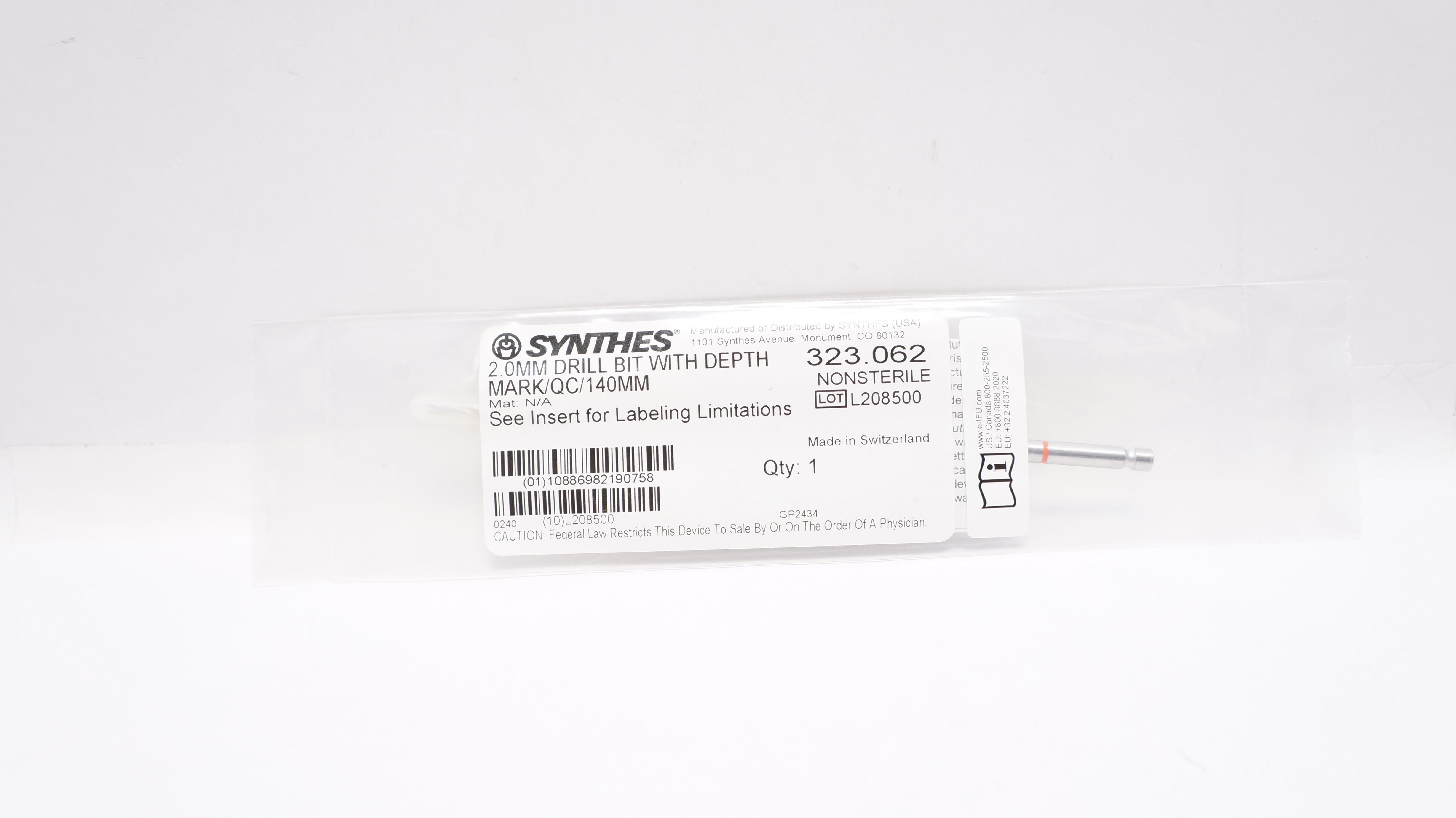 Synthes 323.062 2.0mm Drill Bit with Depth Mark/QC/140mm