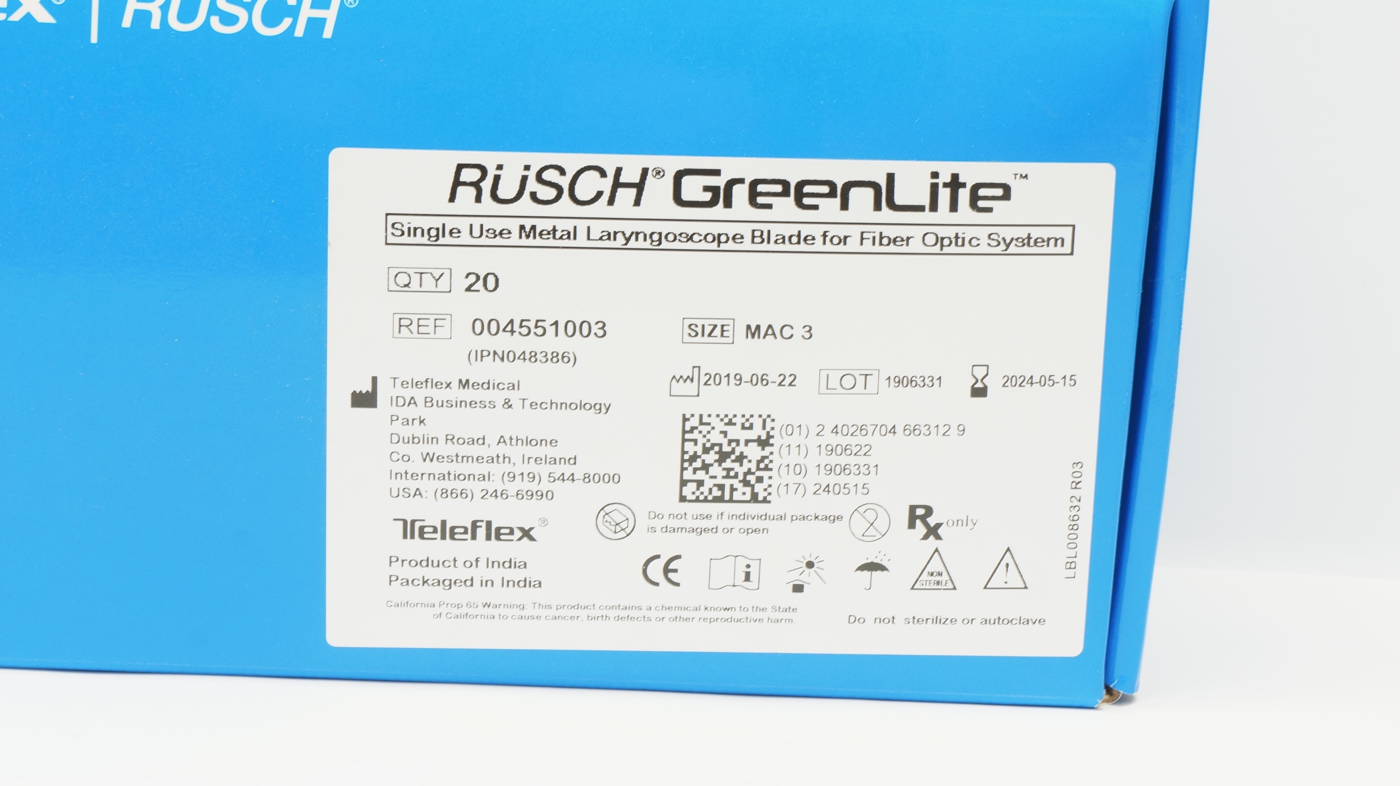 Teleflex 004551003 Rusch GreenLite Laryngoscope Blade Mac 3 (x) - Box of 20