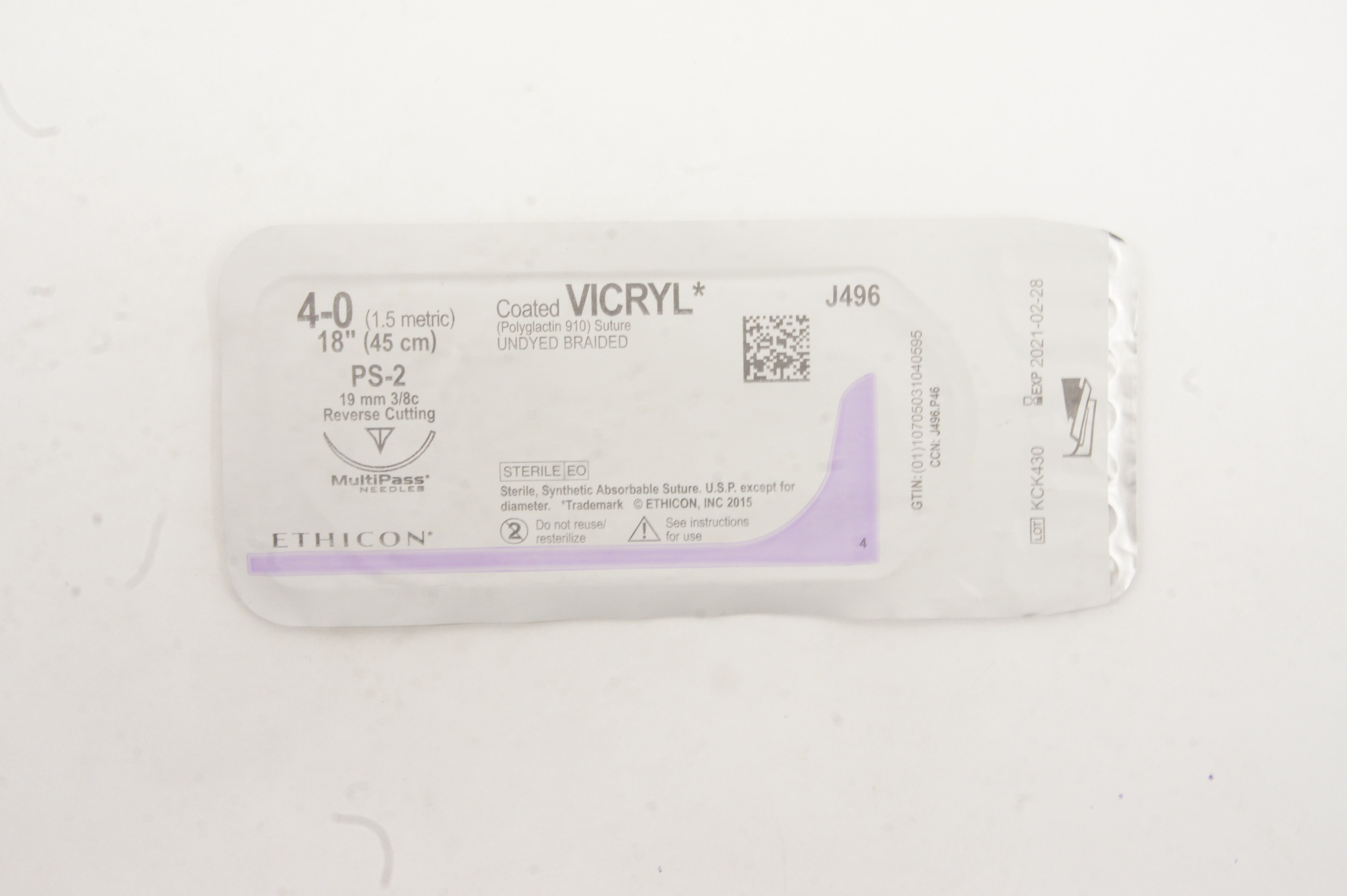 Ethicon J496 4-0 Coated VICRYL PS-2 19mm 3/8c Reverse Cutting, 18inch (x)