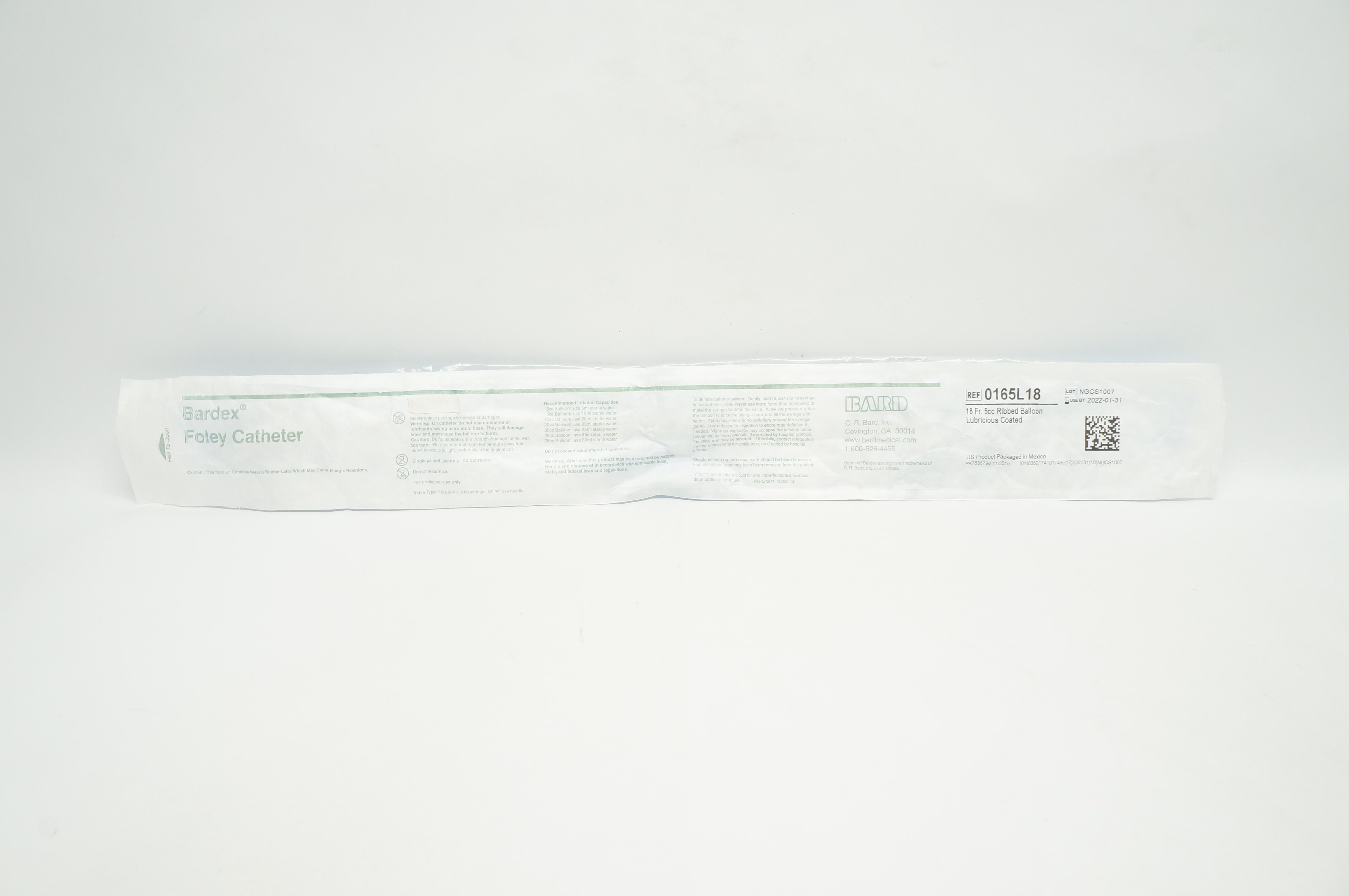 Bard 0165L18 Foley Cath. 18 Fr. 5cc Ribbed Balloon Lubricious Coated