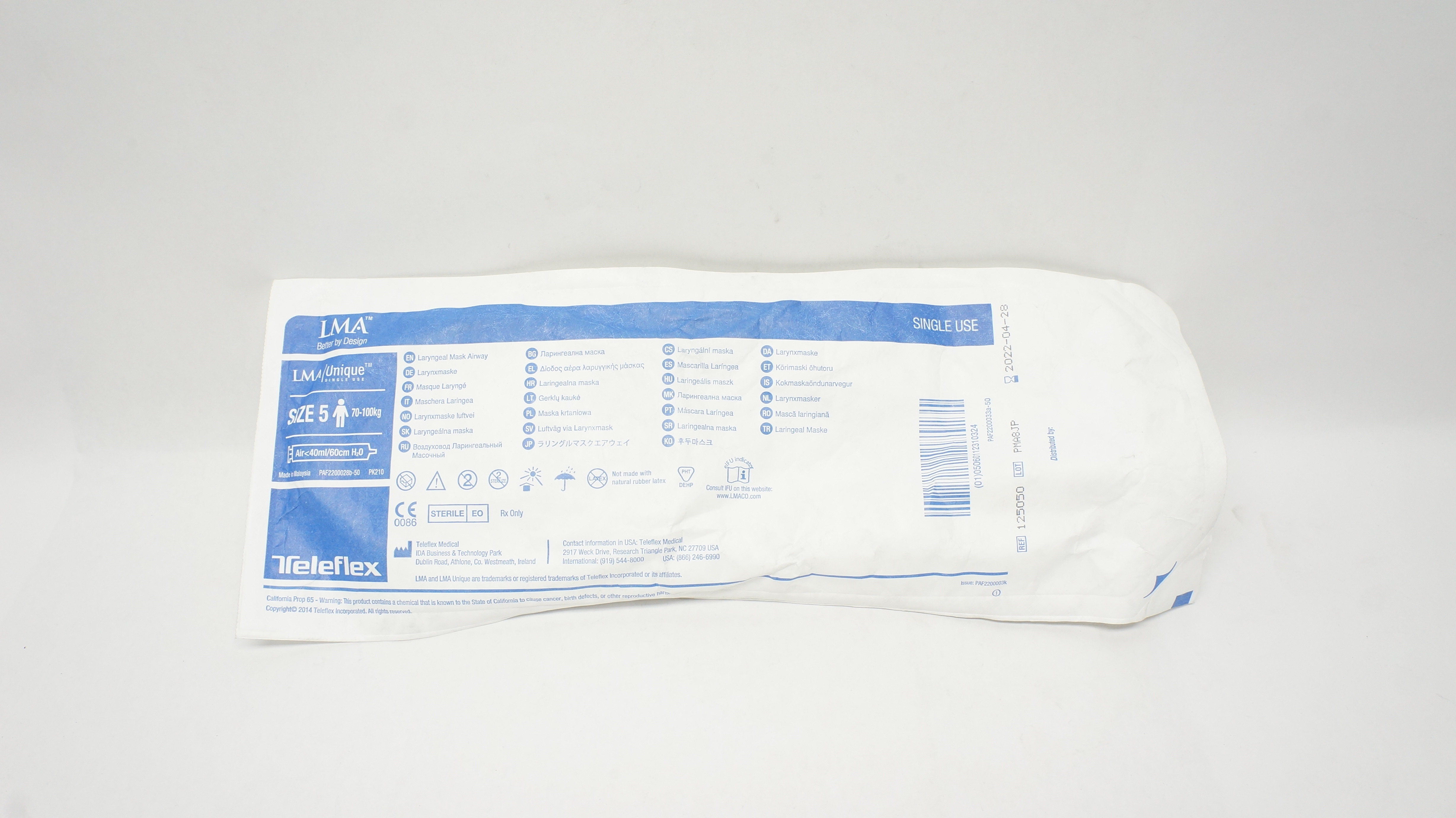 Teleflex 125050 LMA Unique Laryngeal Mask Airway Size 5 70-100kg <40ml/60cm (x)