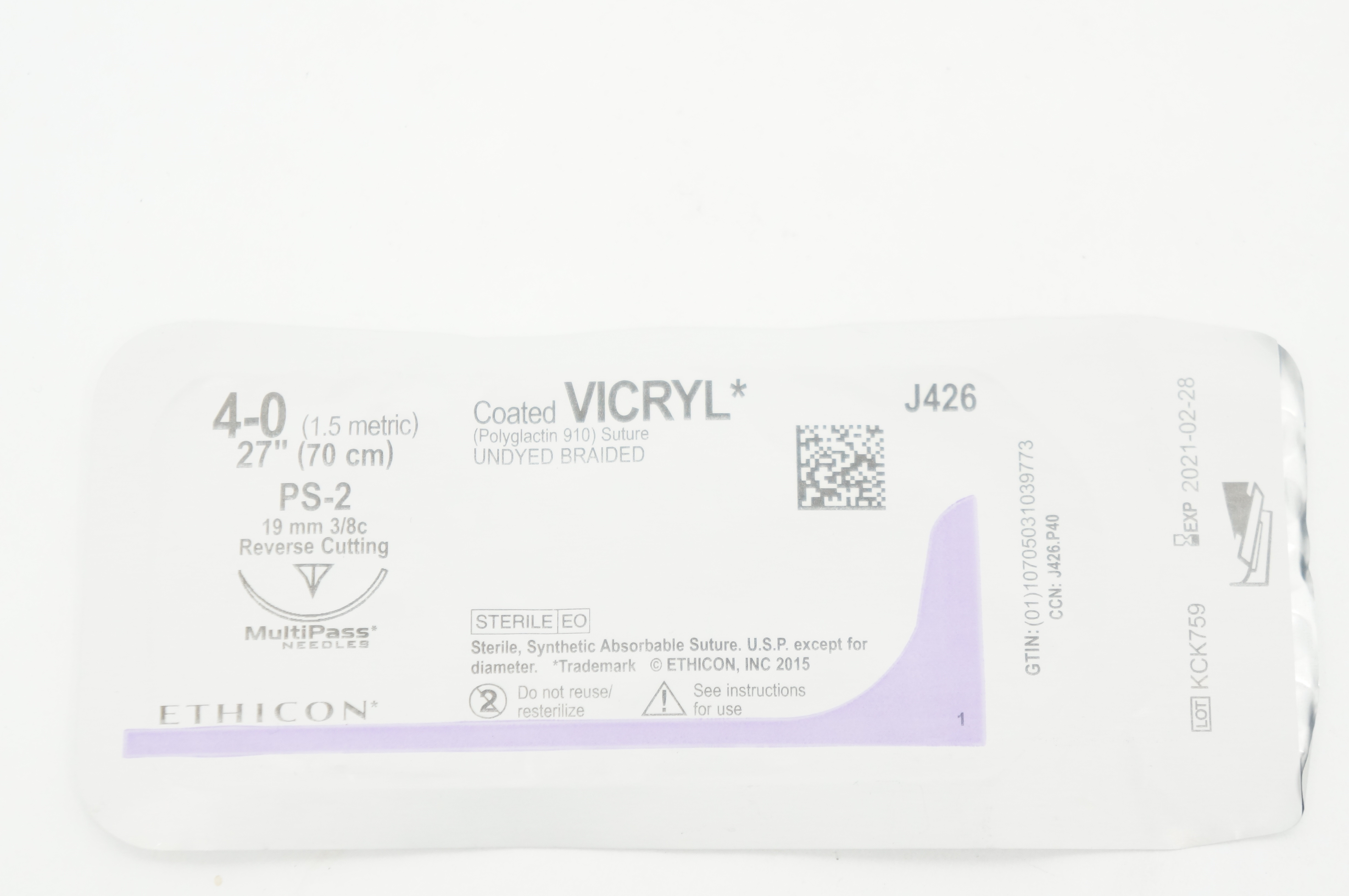 Ethicon J426 4-0 Coated VICRYL Stre PS-2 19mm 3/8c Reverse Cutting, 27inch (x)