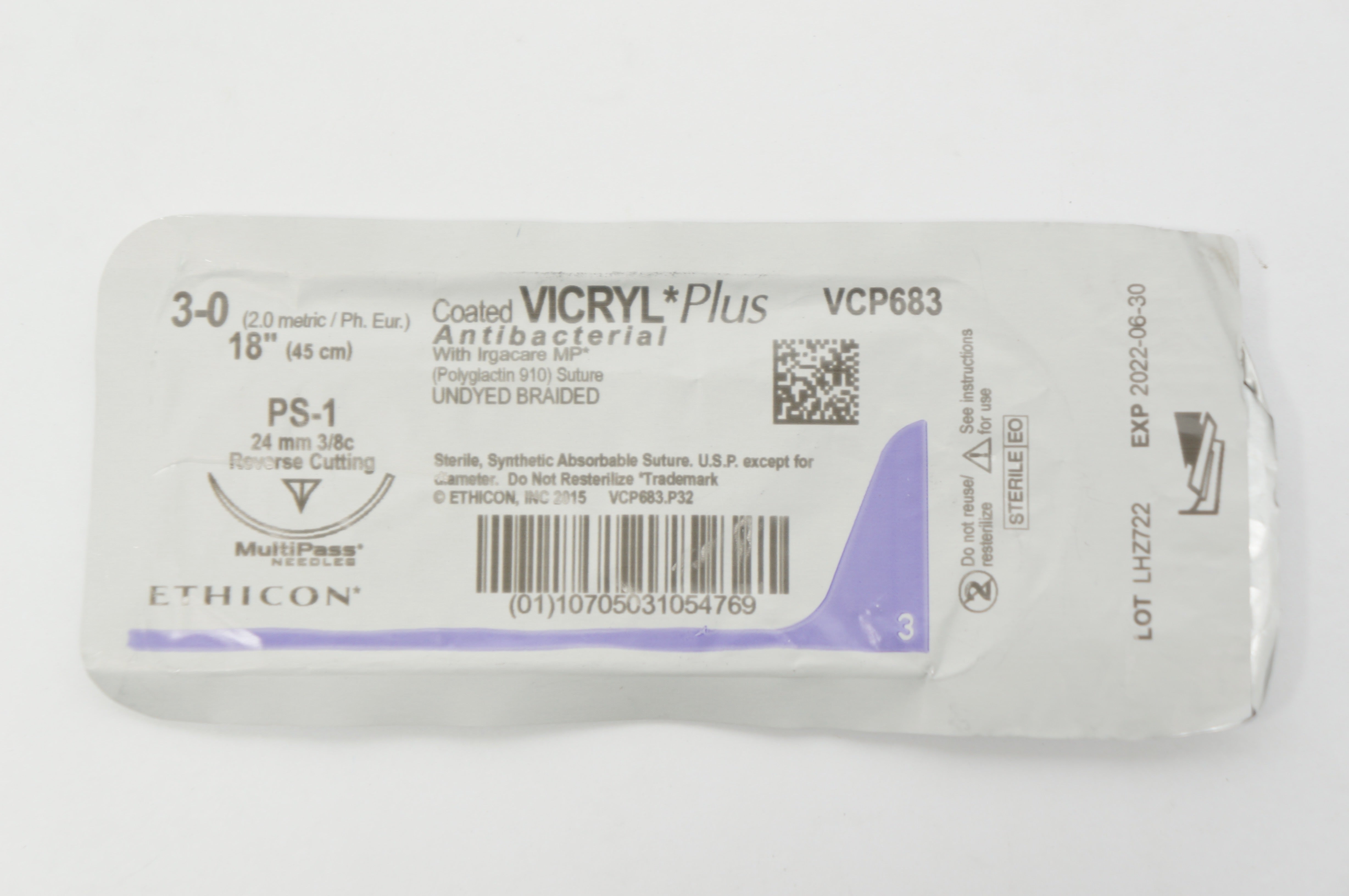 Ethicon VCP683 3-0 Coated Vicryl Plus, PS-1, 24mm 3/8c Reverse Cutting, 18in (x)
