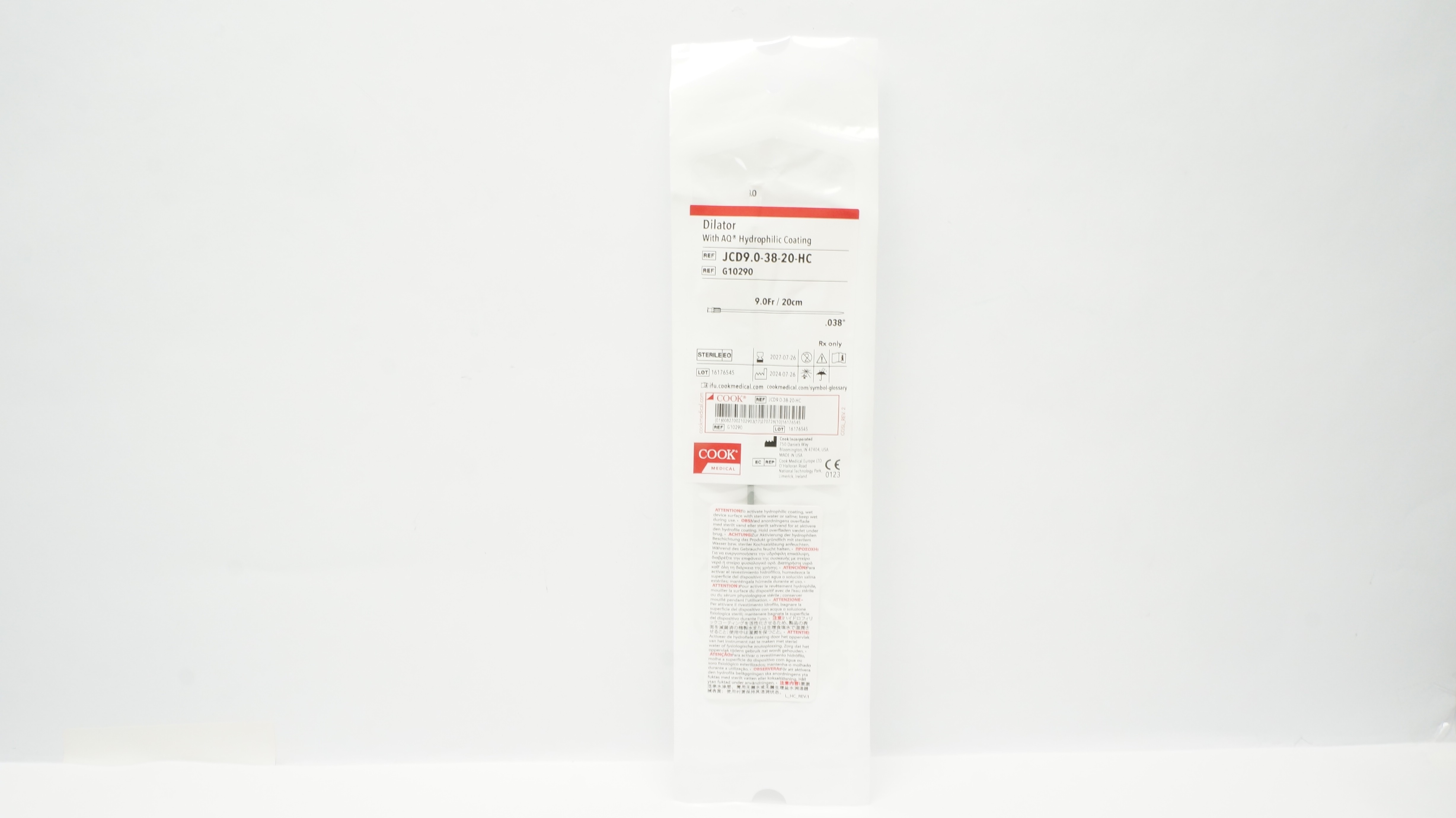 Cook Medical G10290 Dilator W/ AQ Hydrophilic Coating 9.0Fr/20cm x 0.038inch