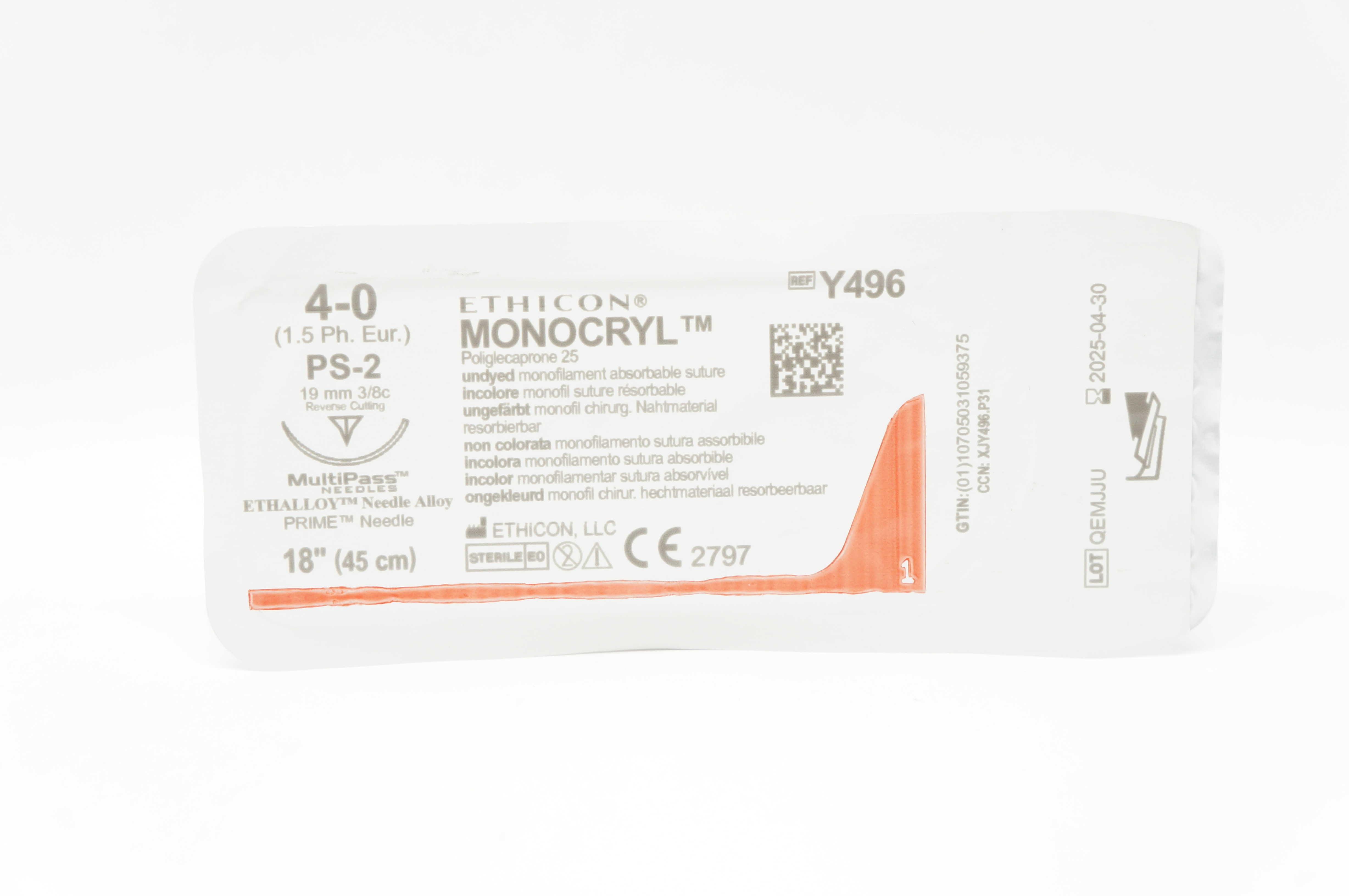 Ethicon Y496 4-0 Monocryl Stre PS-2 19mm 3/8c Reverse Cutting 18 inch