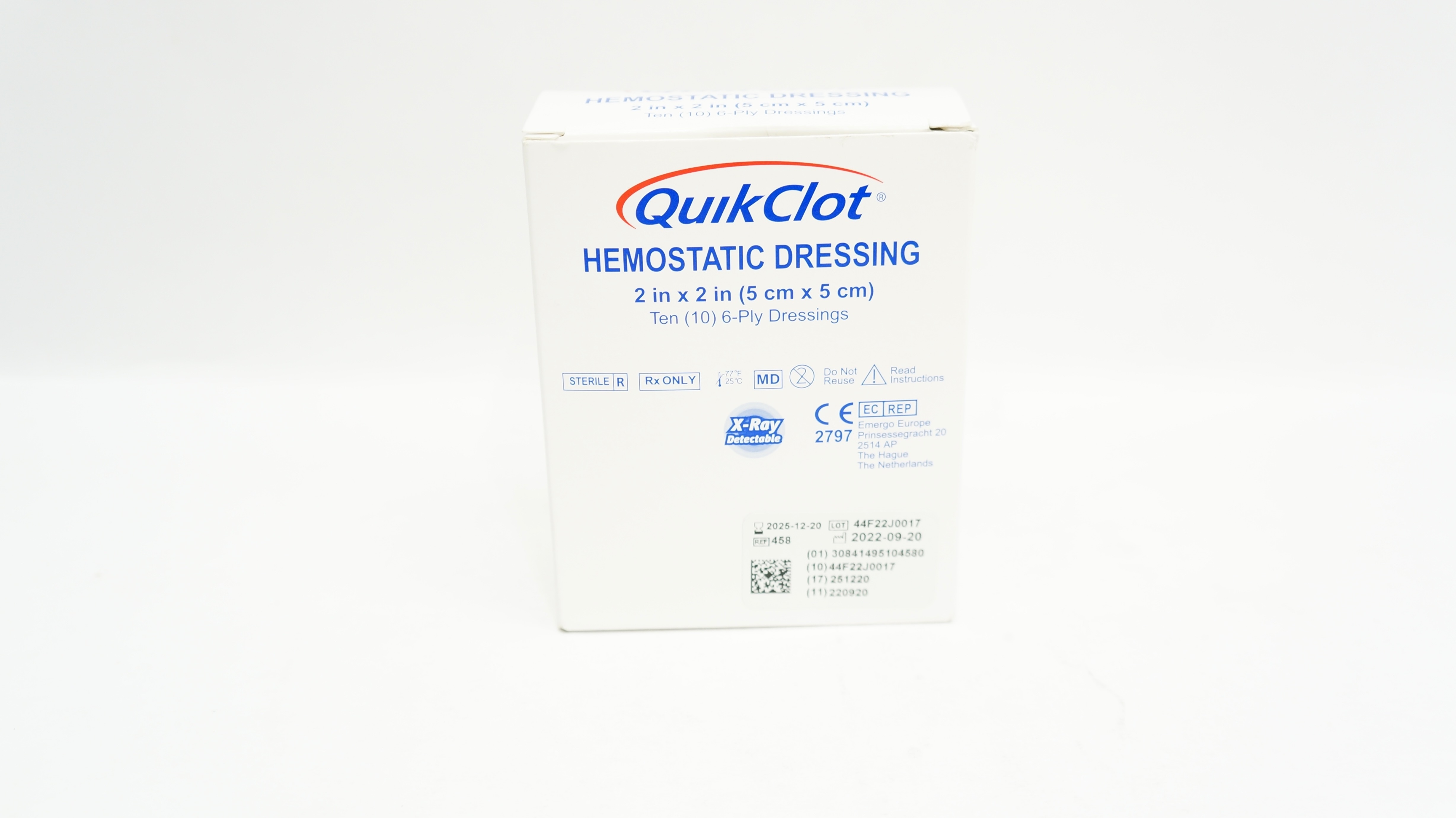 Z-Medical 458 X-Ray Quit Clot Hemostatic Dressing 2in x 2in 6-Ply - Box of 10