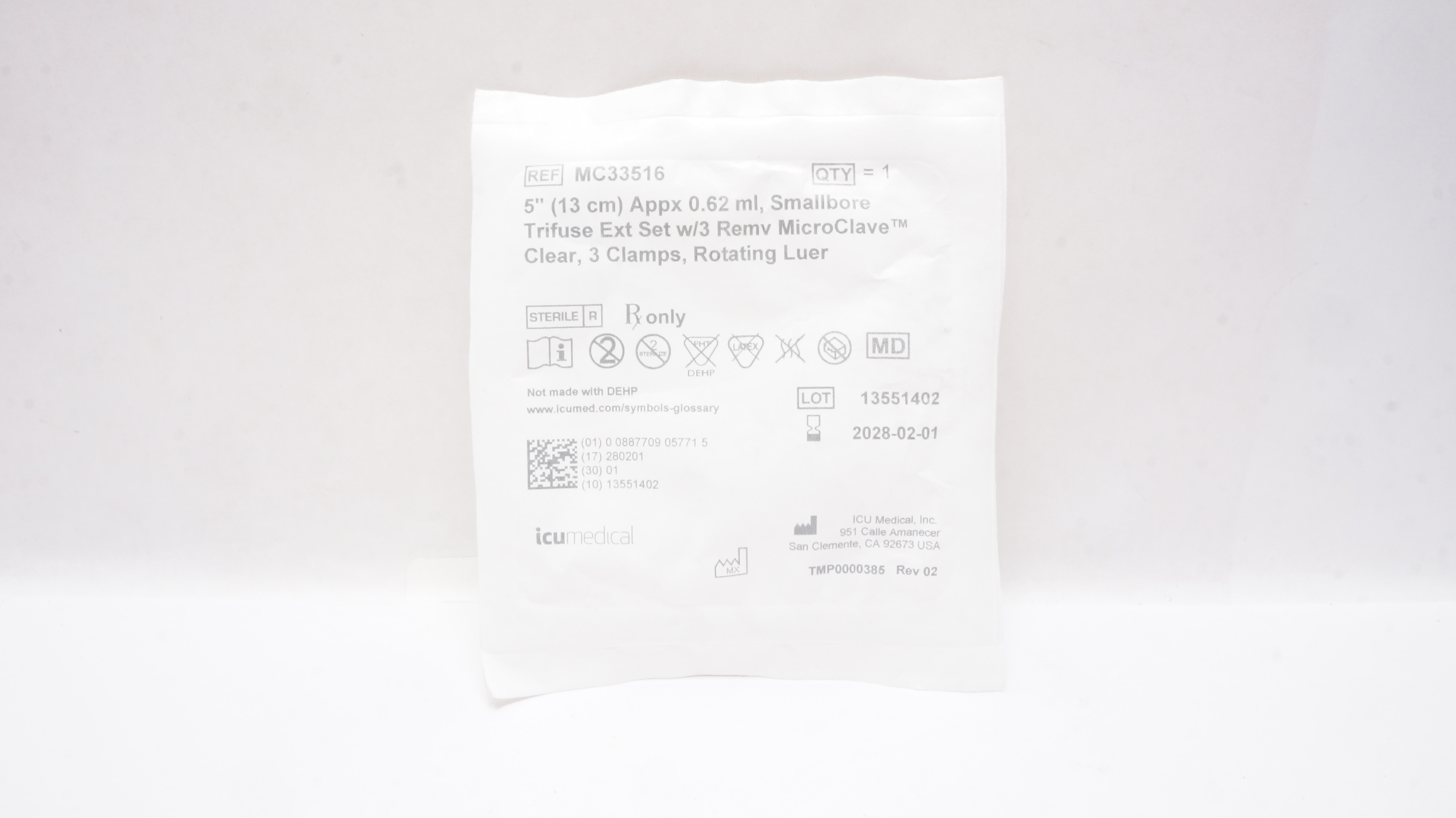 ICU Medical MC33516 5 inch Appx. 0.62ml, Smallbore Trifuse Extension Set