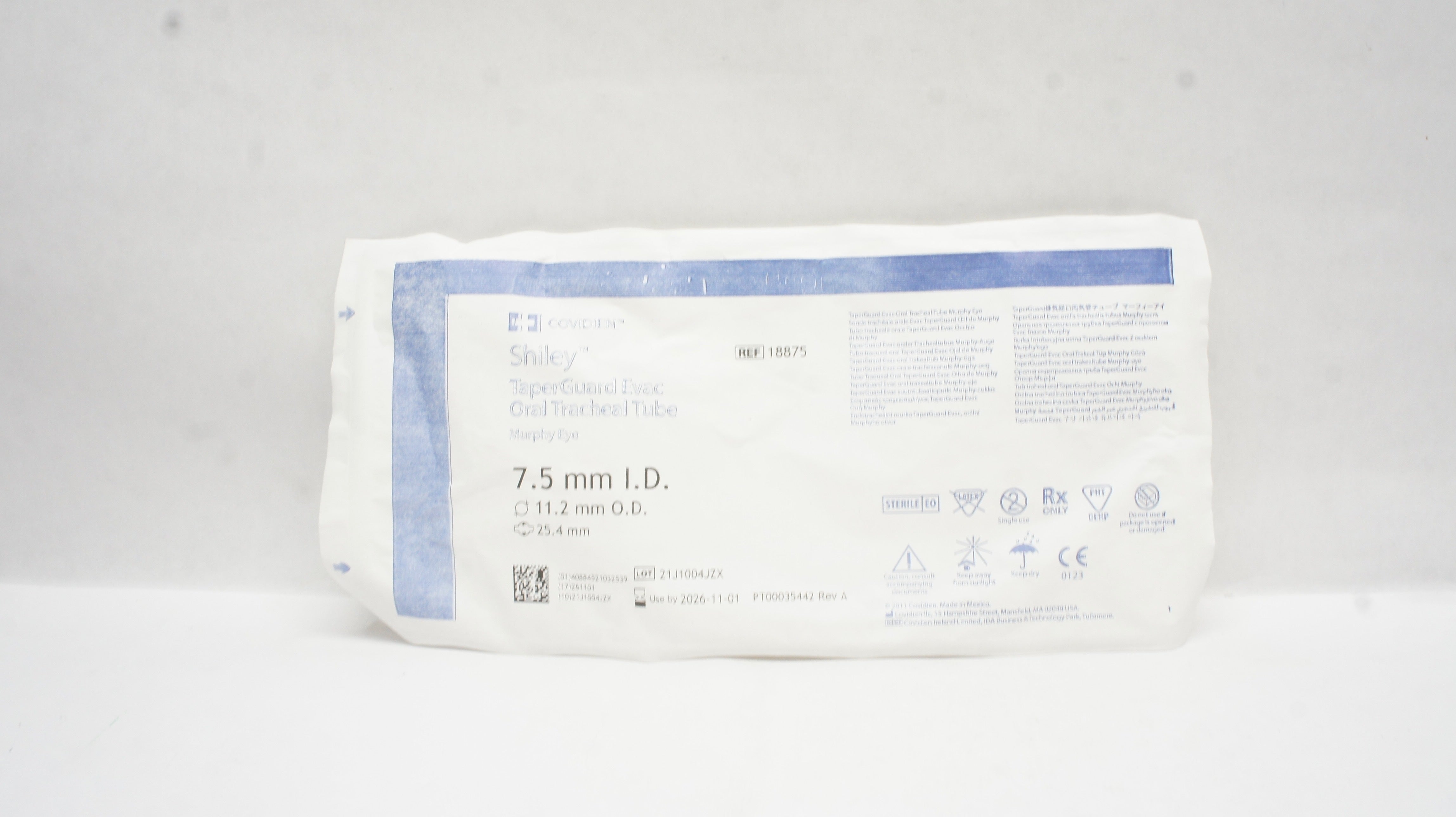 Covidien 18875 Shiley TaperGuard Evac Oral Tracheal Tube 7.5mm ID 11.2mm OD