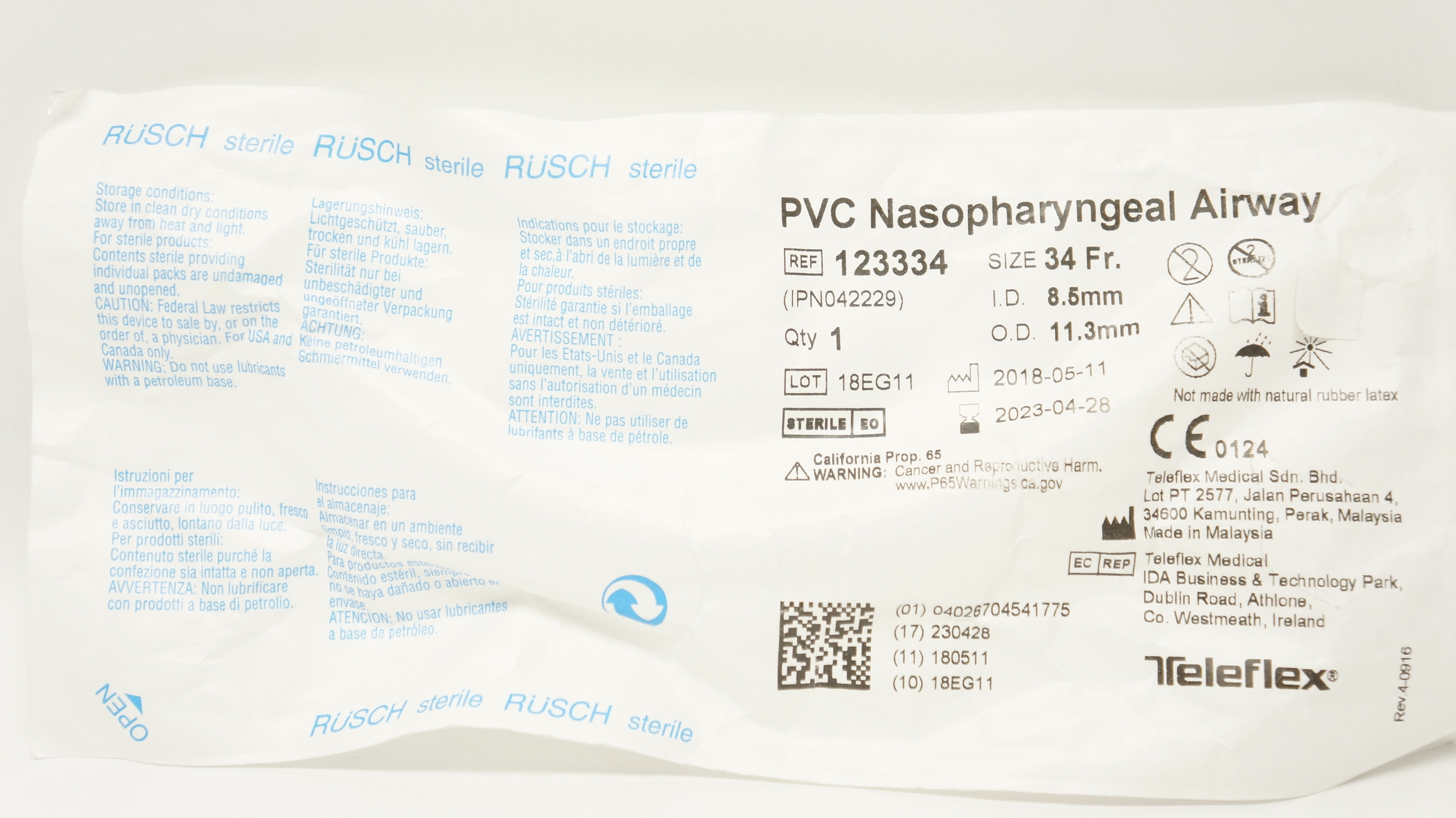 Teleflex 123334 Rusch PVC Nasopharyngeal Airway 34 Fr. 8.5mm I.D. x 11.3mm O.D.