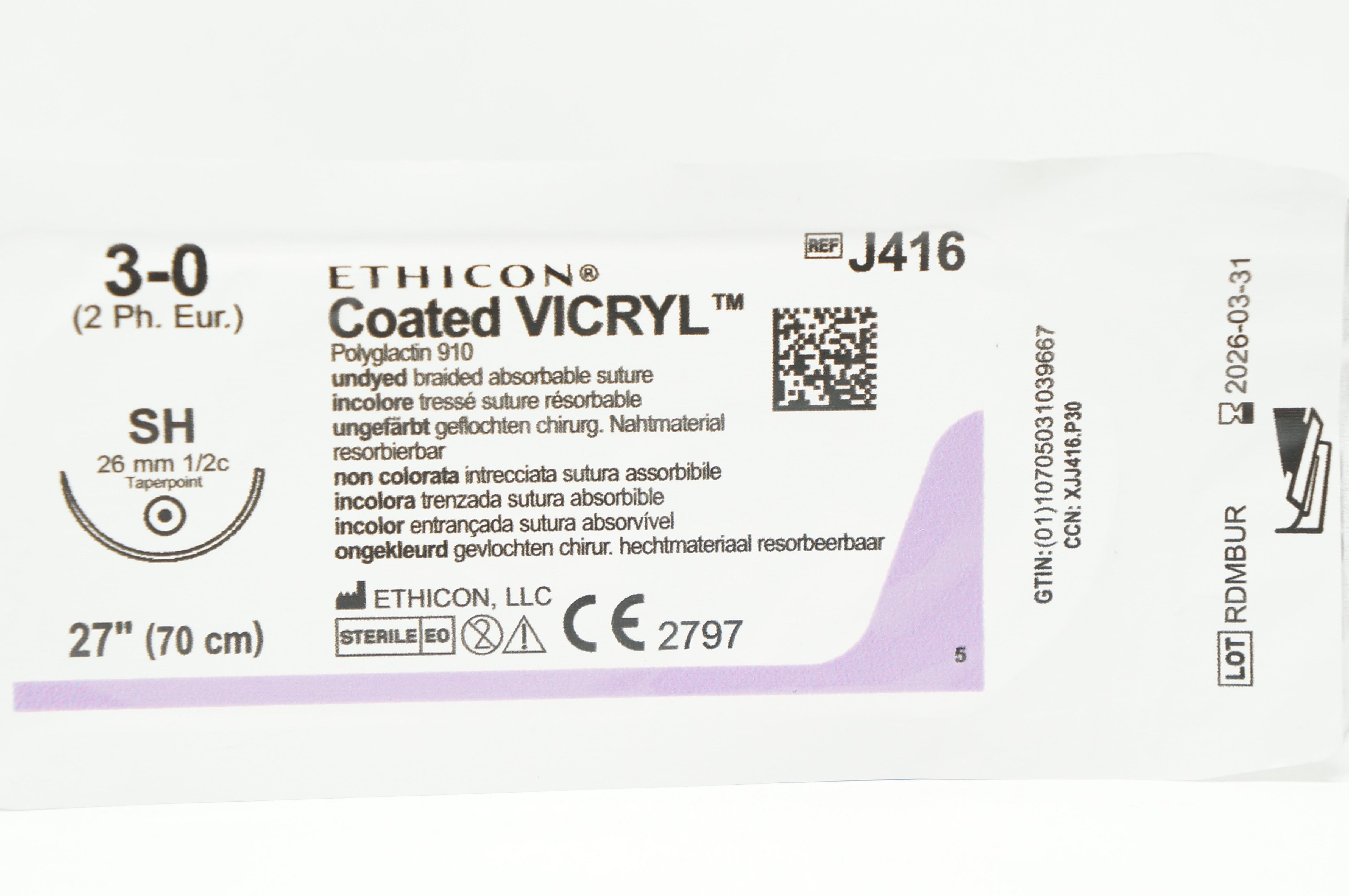 Ethicon J416 3-0 Coated VICRYL Polyglactin Stre SH 26mm 1/2c Taperpoint, 27inch