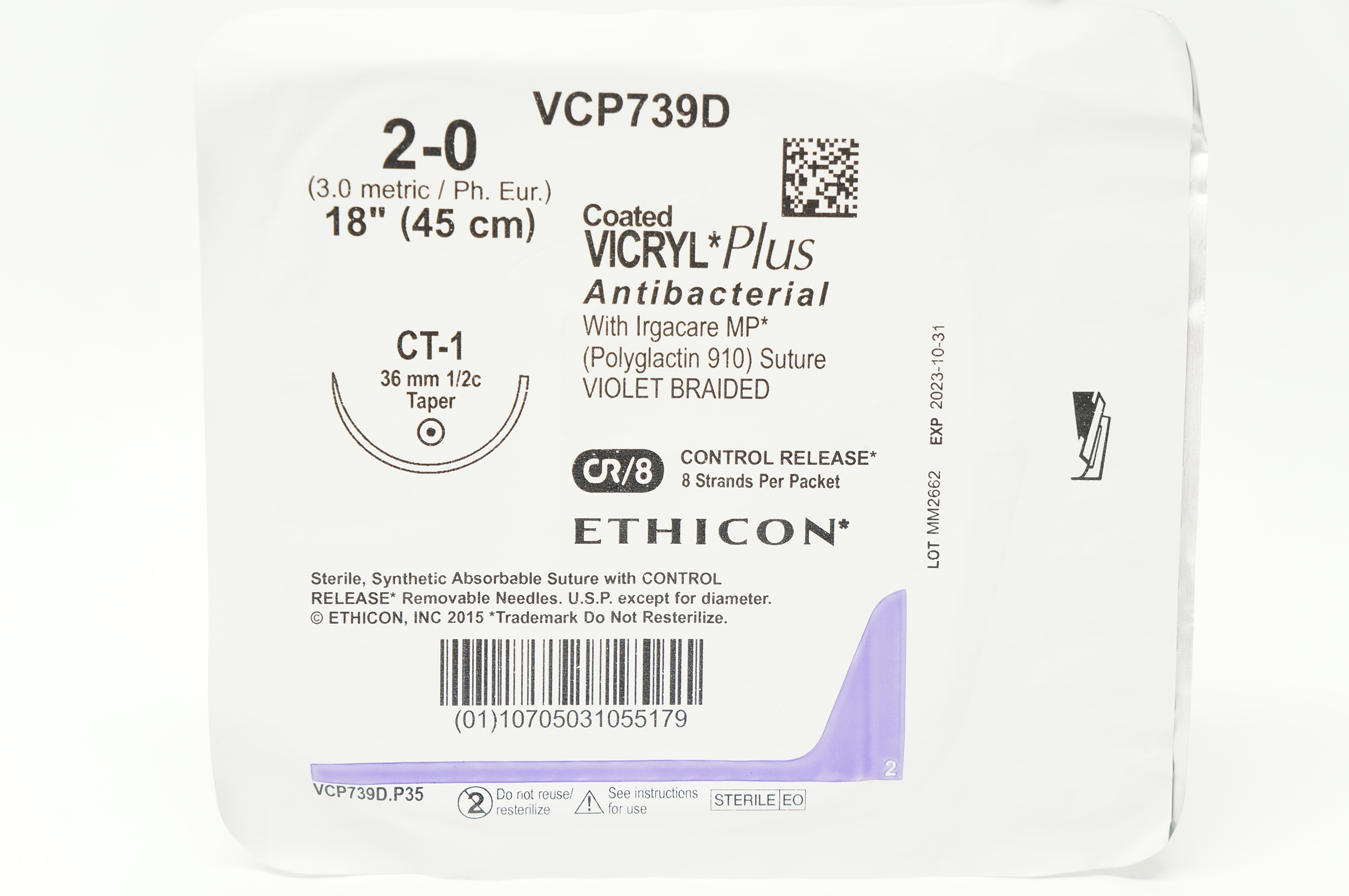 Ethicon VCP739D 2-0 VICRYL Plus CT-1 36mm 1/2c Taper, 18 inch