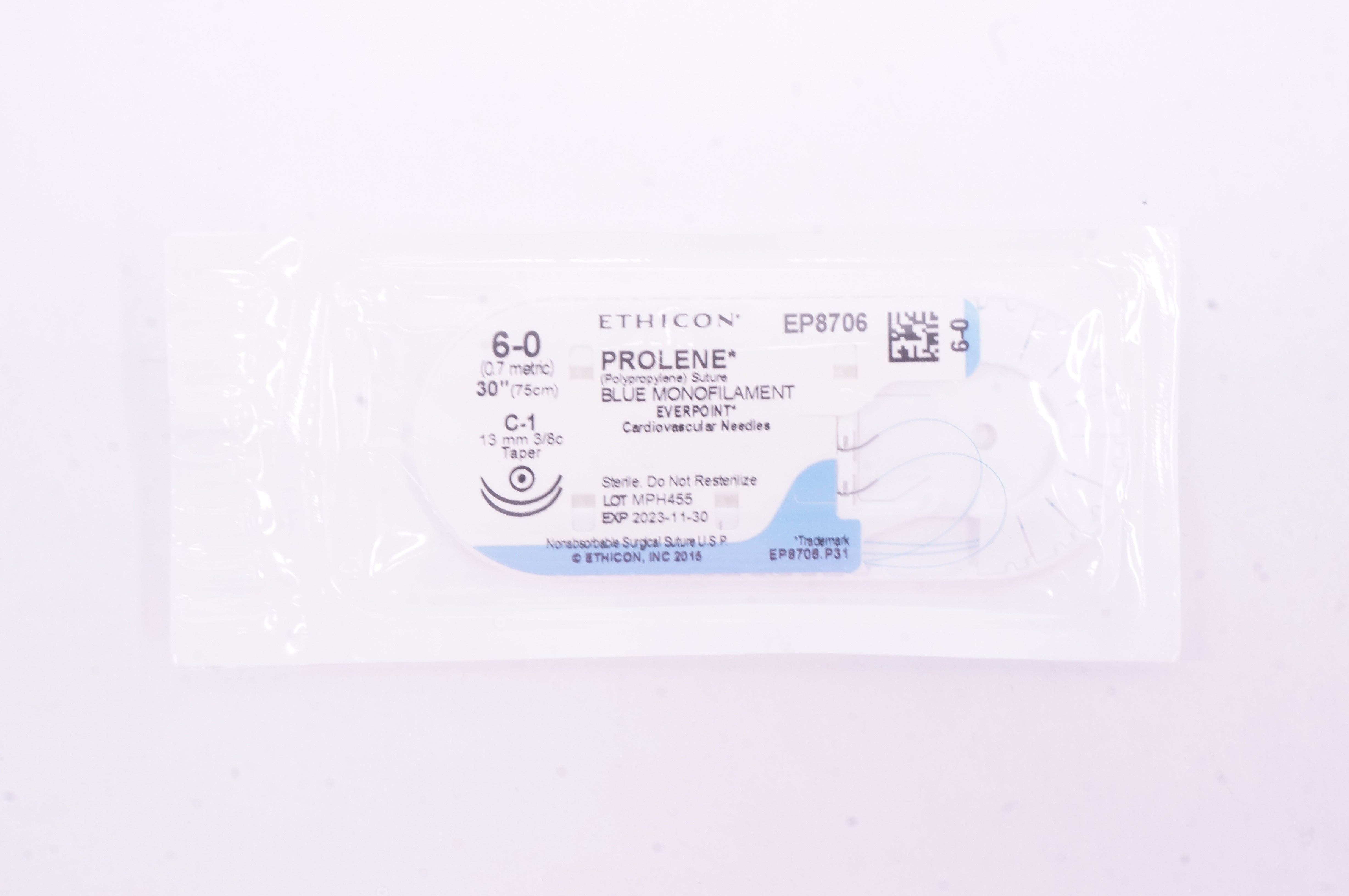 Ethicon EP8706H 6-0 Prolene C-1 13mm 3/8c Taper 30 inch - Box of 32
