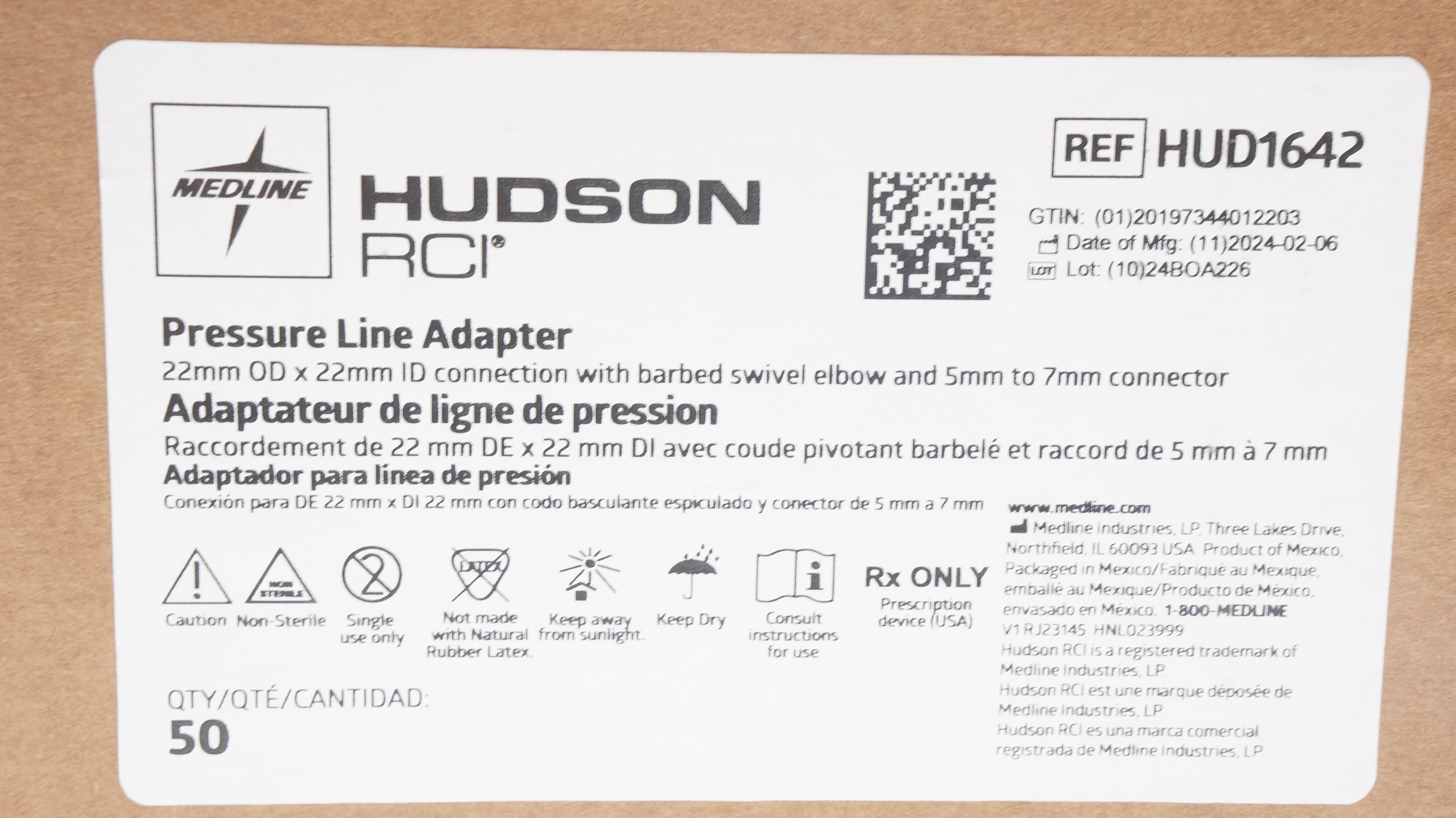 Medline HUD1642 Hudson RCI Pressure Line Adapter 22mm OD x 22mm ID - Box of 50