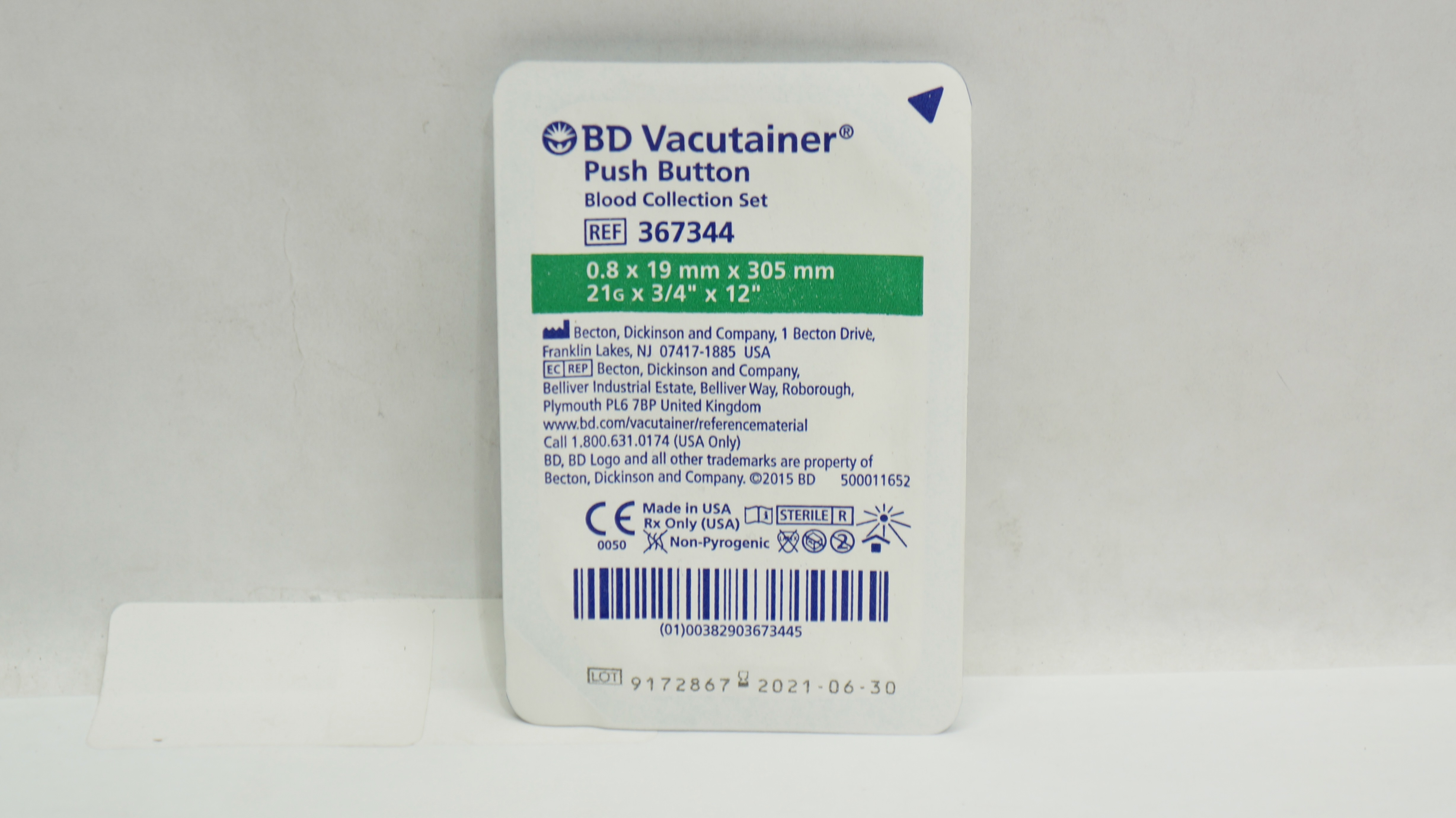 BD 367344 Vacutainer Push Button Blood Collection Set 21G x 3/4inch x 12inch (x)