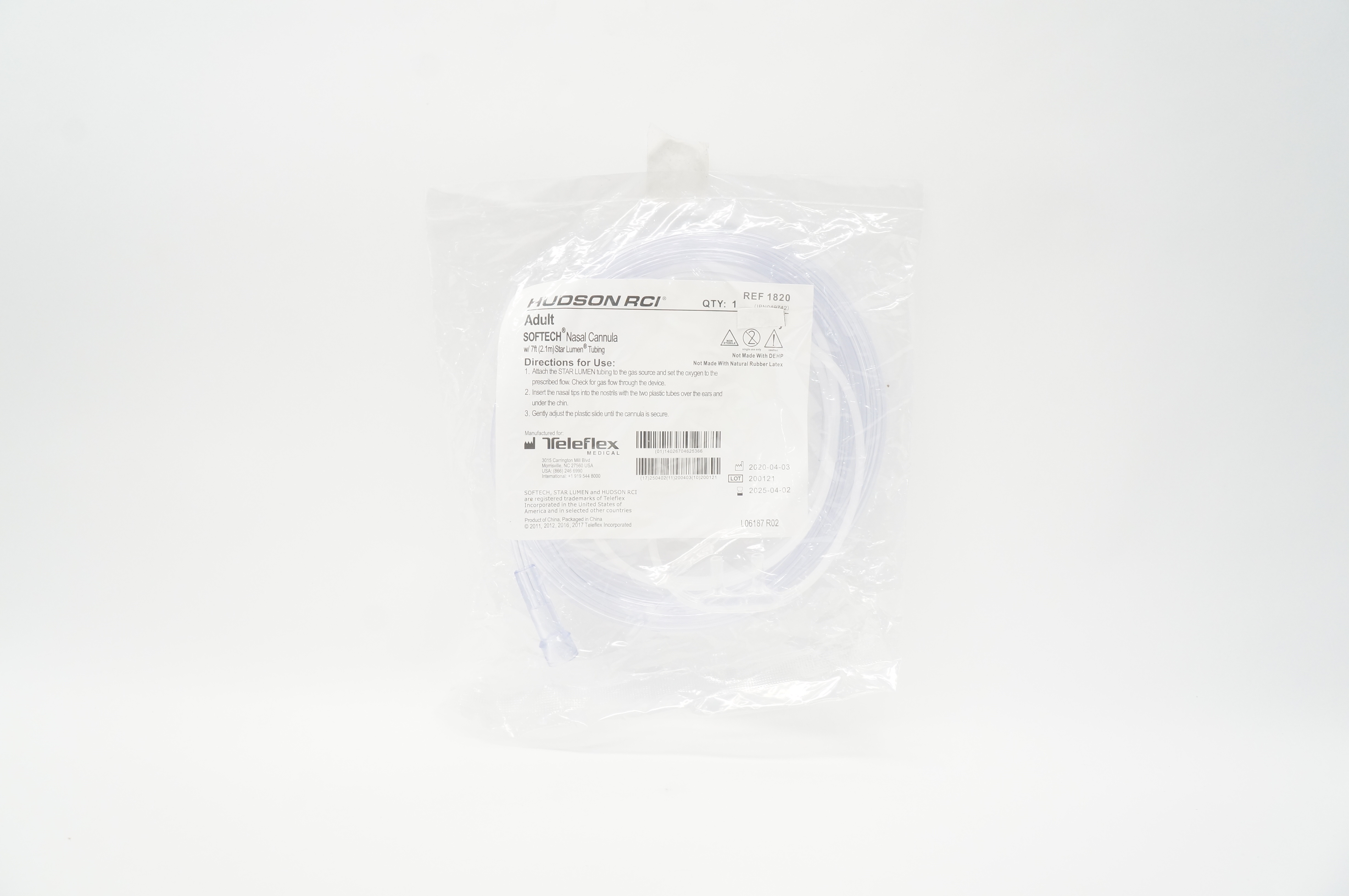 Teleflex 1820 Hudson RCI Softech Adult Nasal Cannula w/7ft Star Lumen Tubing