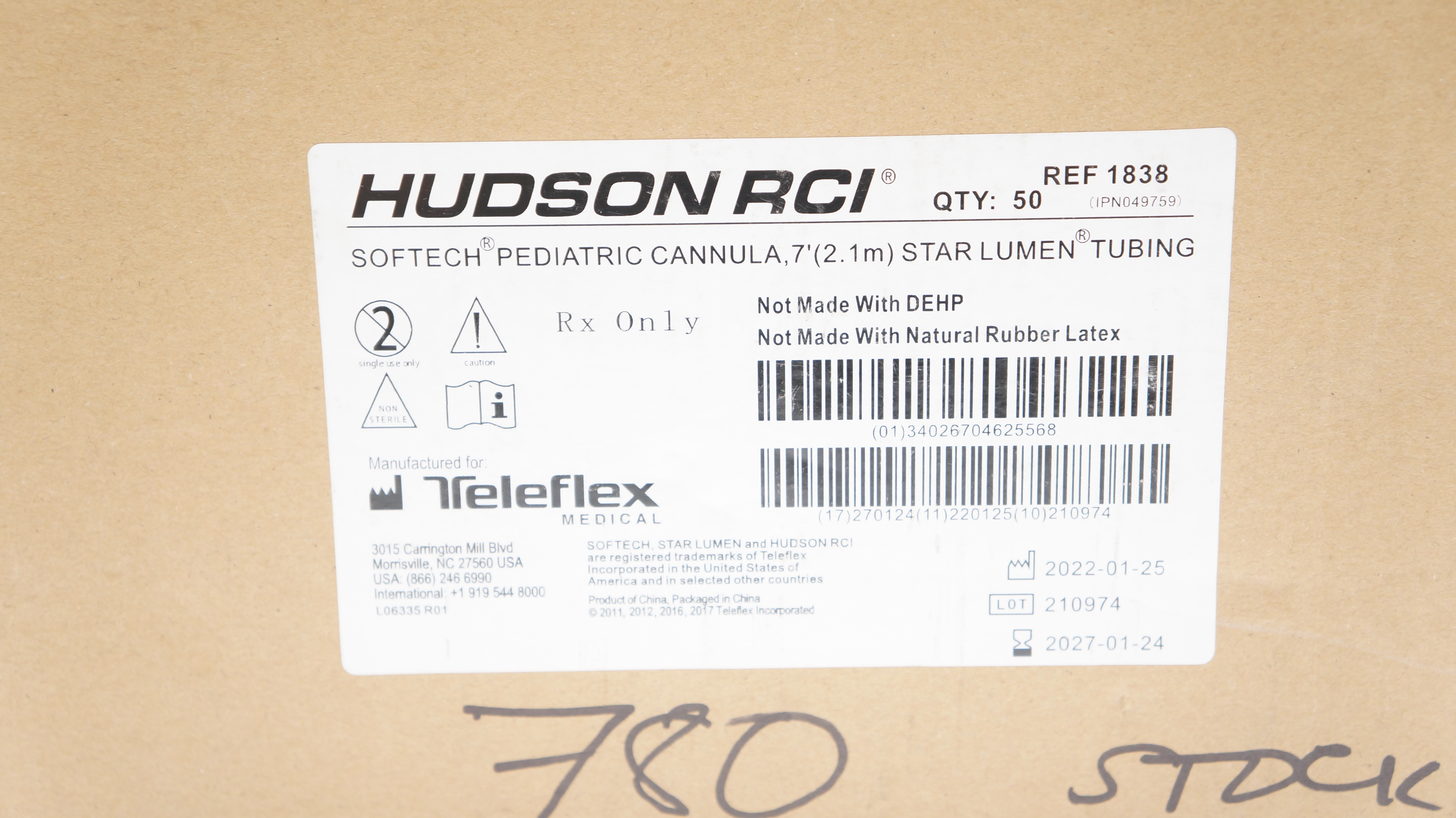Teleflex 1838 Hudson RCI Pediatric Softech Nasal Cannula w/7ft Tubing -Box of 50