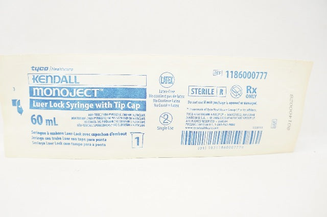 Tyco 1186000777 Kendall Monoject Luer Lock Syringe W/Tip Cap 60L