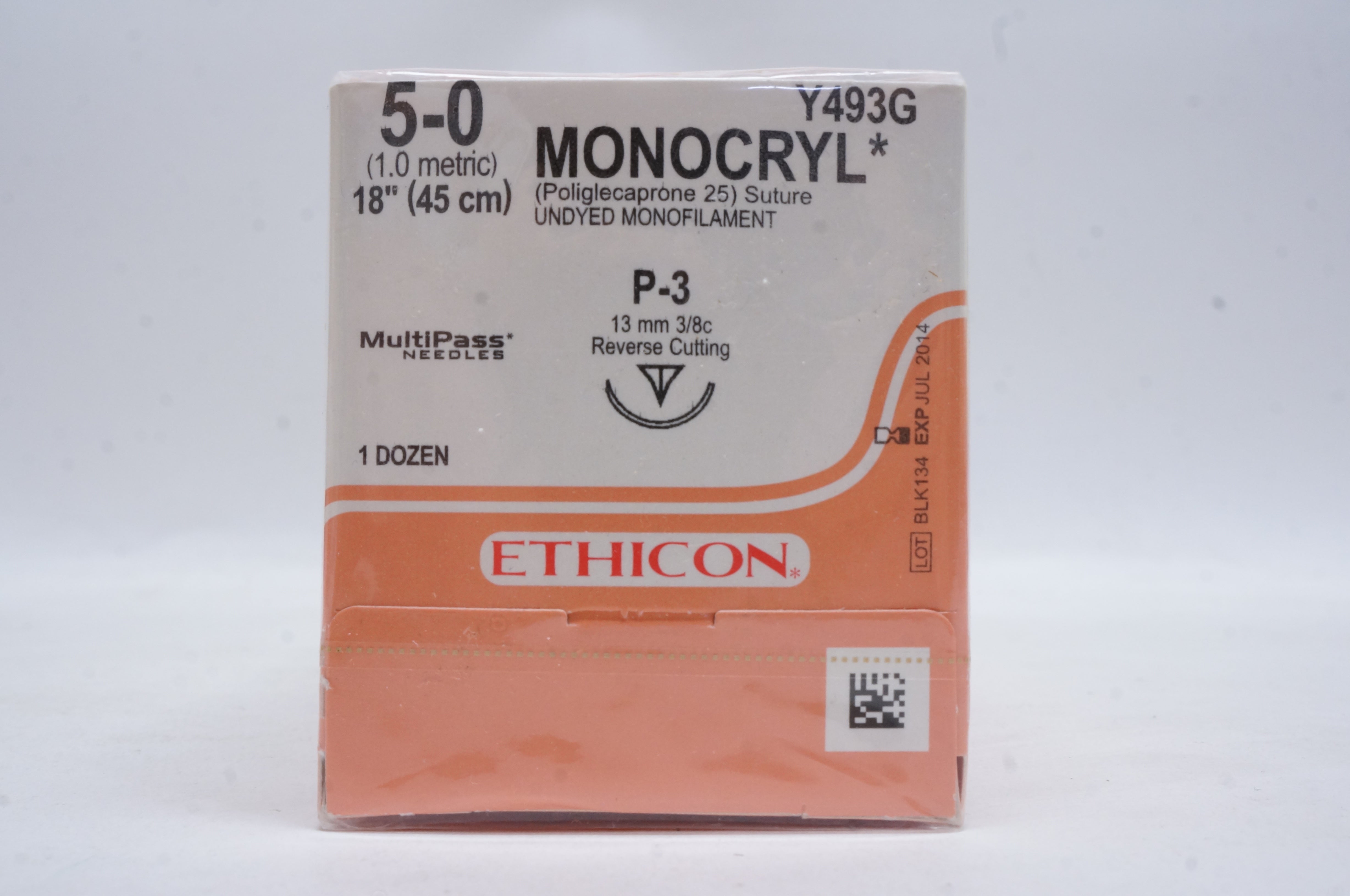 Ethicon Y493G 5-0 MONOCRYL, P-3, 13mm 3/8c Reverse Cutting, 18inch (x)-Box of 12