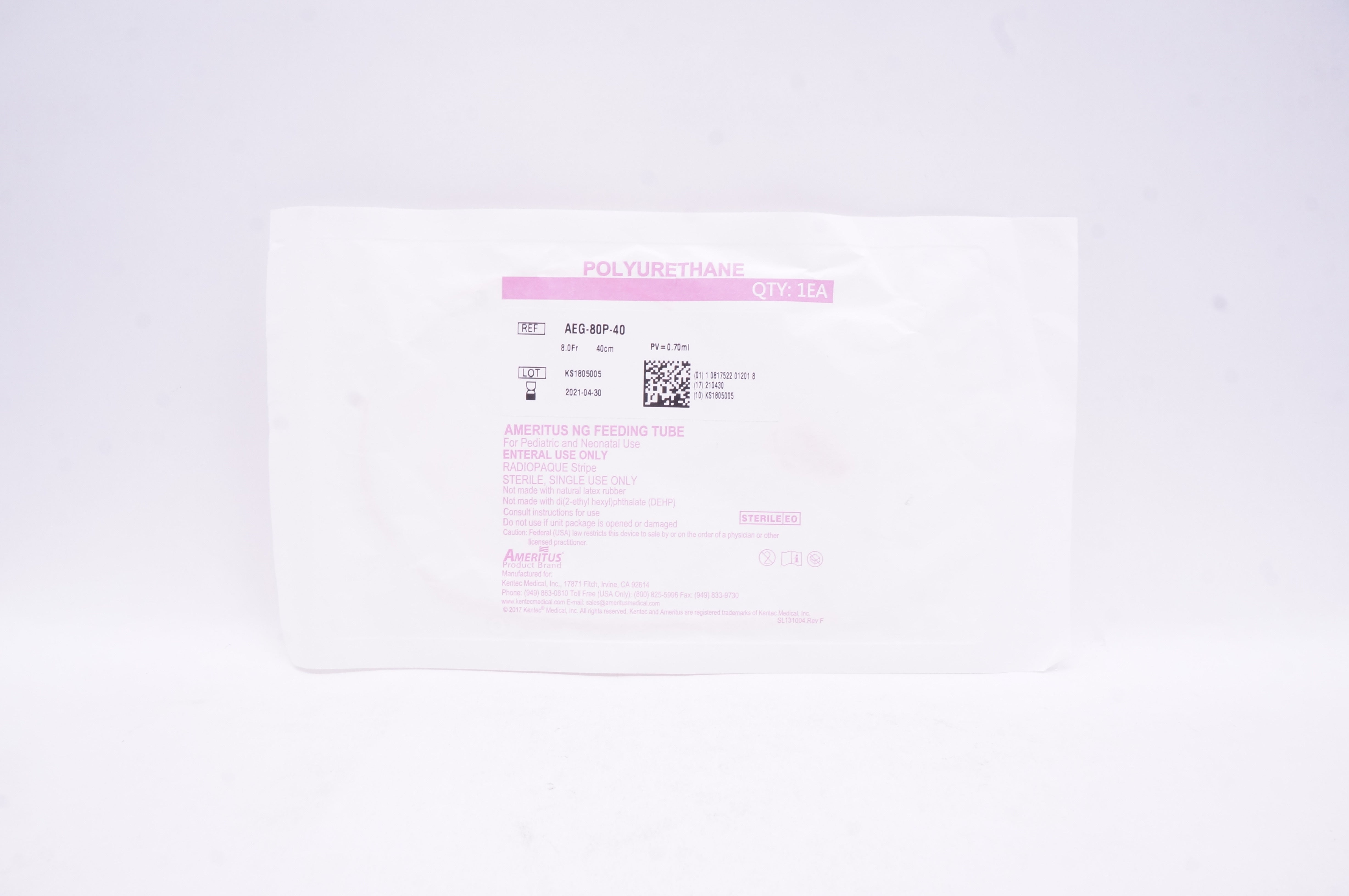 Ameritus AEG-80P-40 NG Feeding Tube 8.0Fr x 40cm PV=0.70ml (x)
