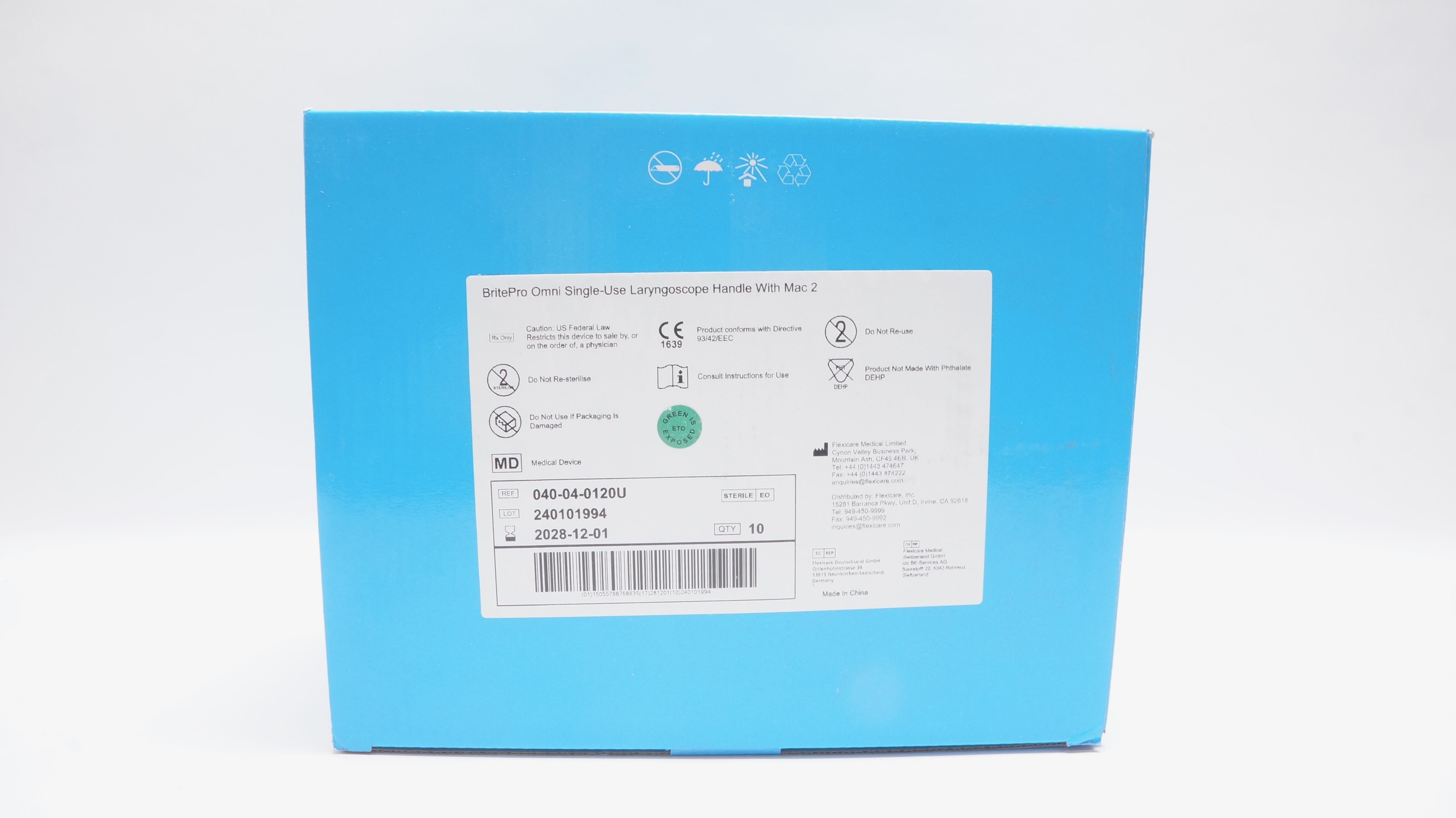 Flexicare 040-04-0120U BritePro Omni Laryngoscope Handle w/MAC 2 - Box of 10