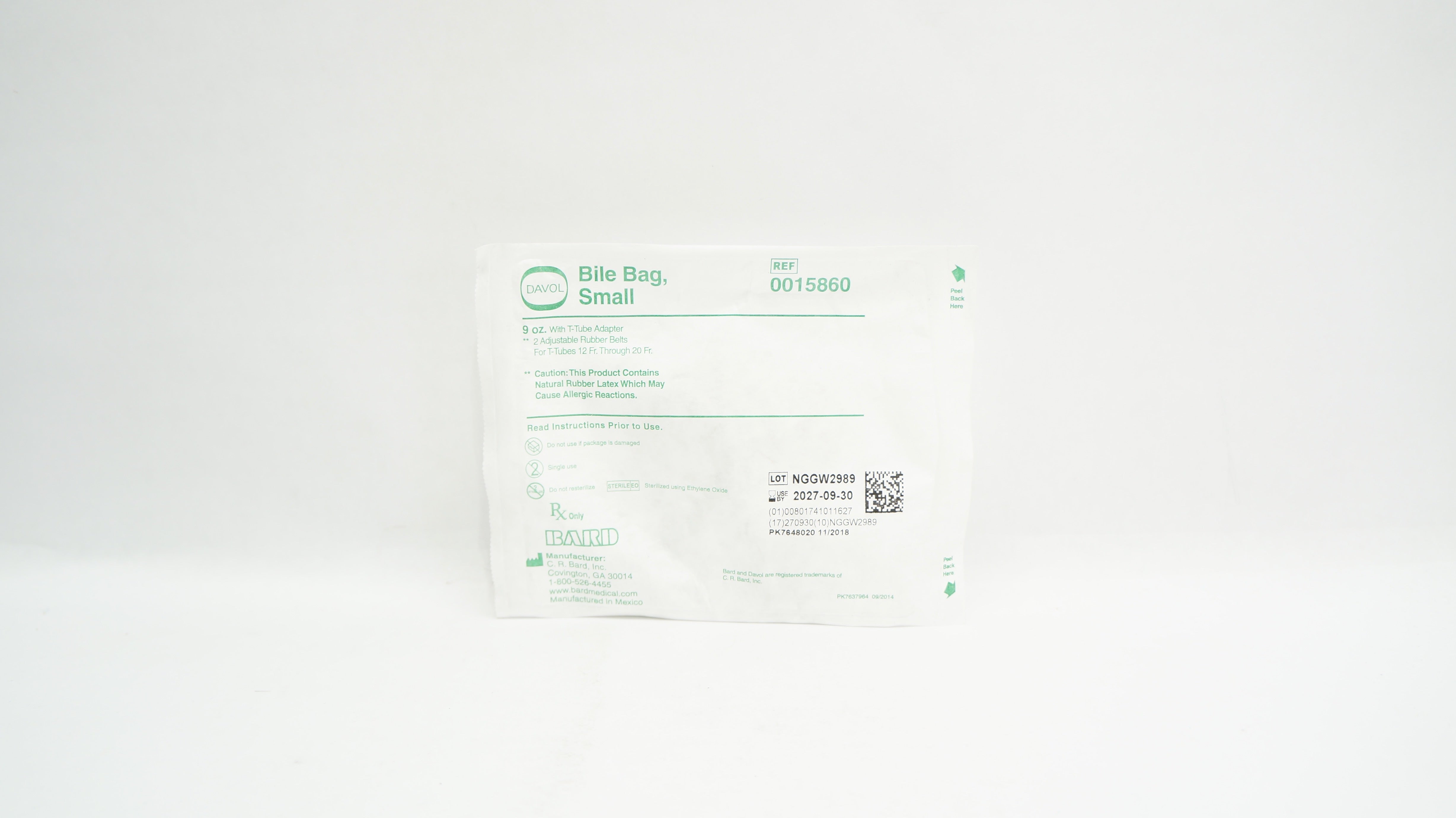 Bard 0015860 Davol Bile Bag Small w*T-Tube Adapter, 9oz.