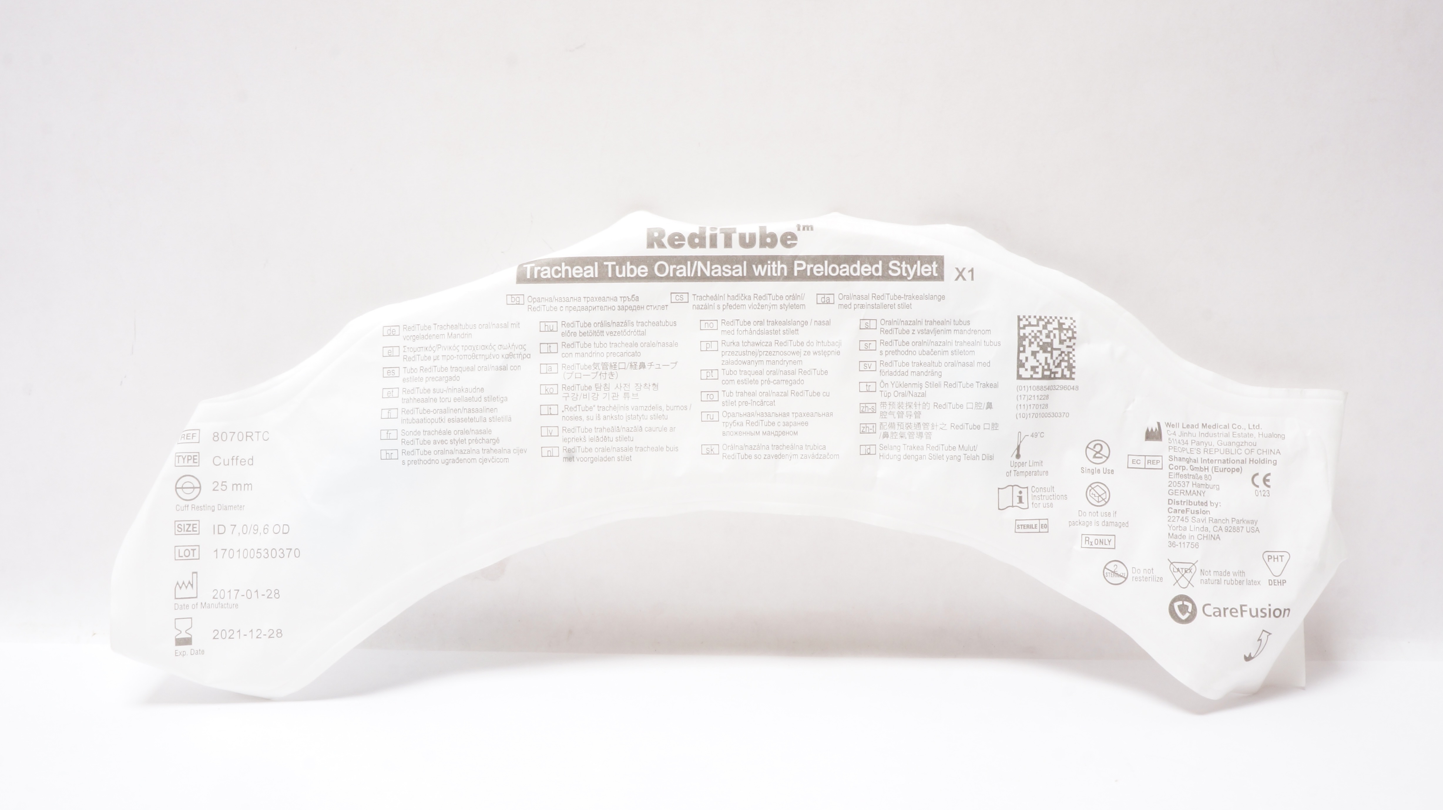 CareFusion 8070RTC RediTube Oral/Nasal Tracheal Tube 7.0ID x 9.6OD x 25mm (x)