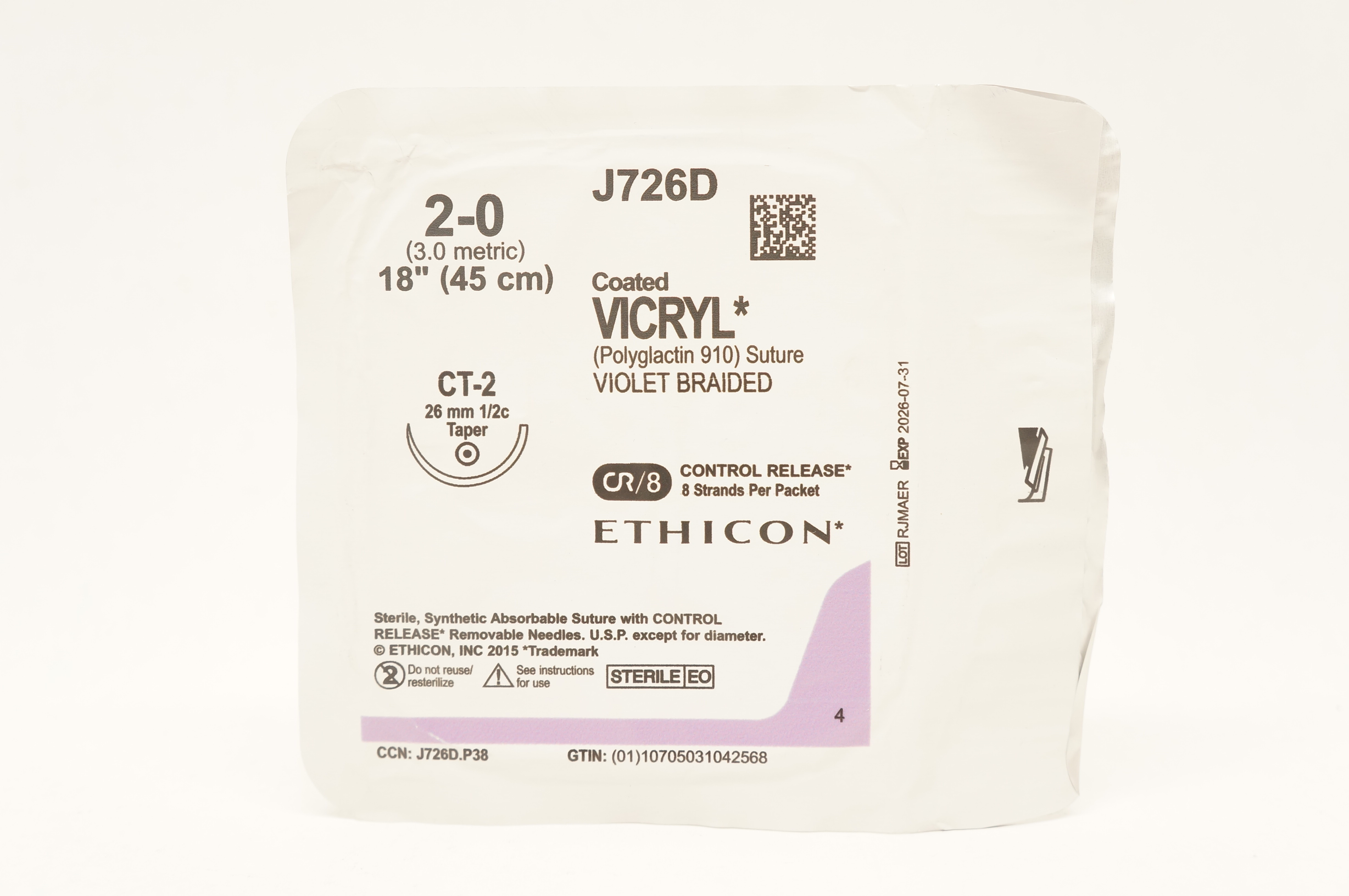 Ethicon J726D 2-0 Coated VICRYL Stre CT-2 26mm 1/2c Taper, 18inch