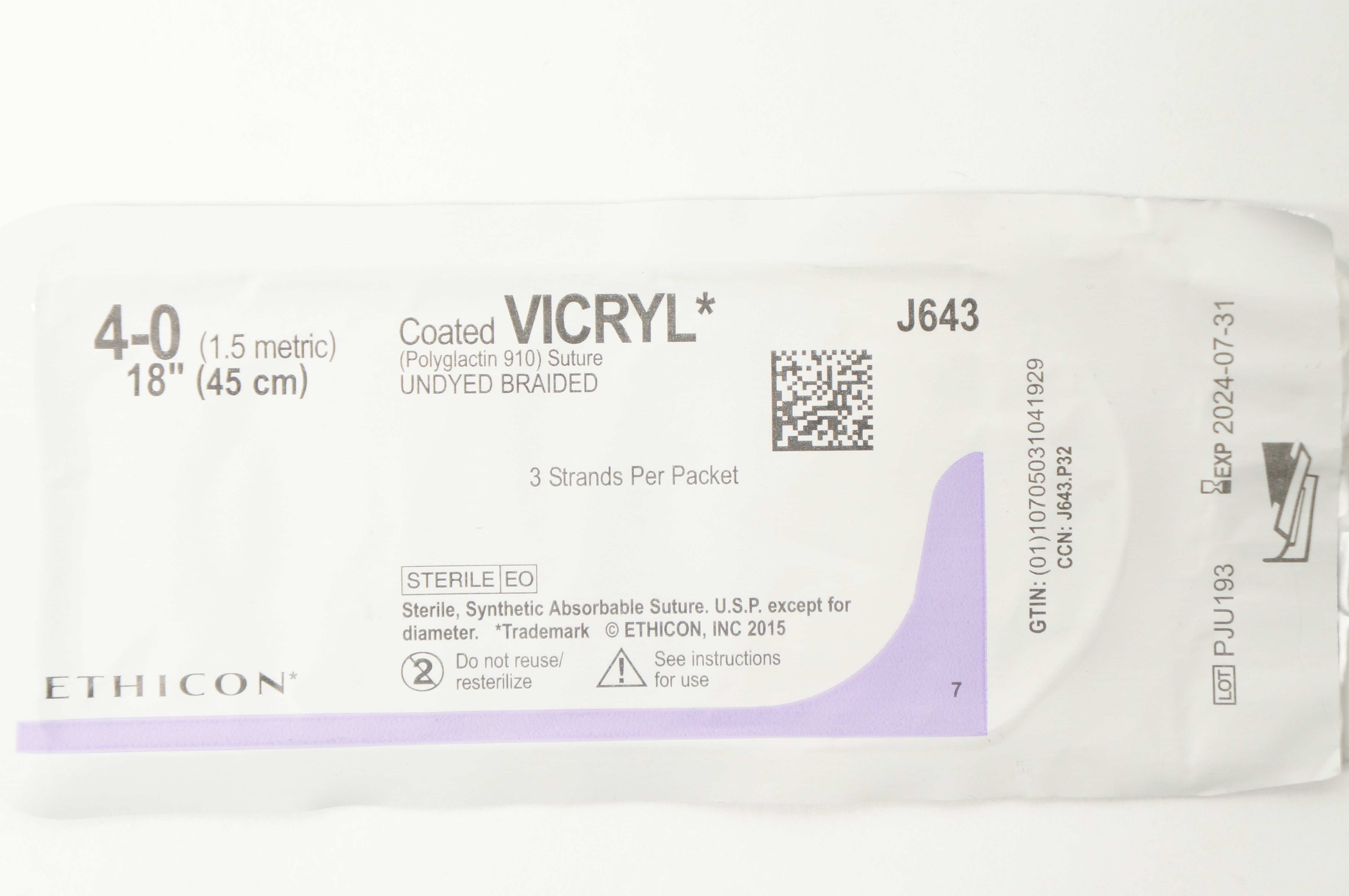 Ethicon J643 4-0 VICRYL Undyed Braided, 3 Strands,18inch